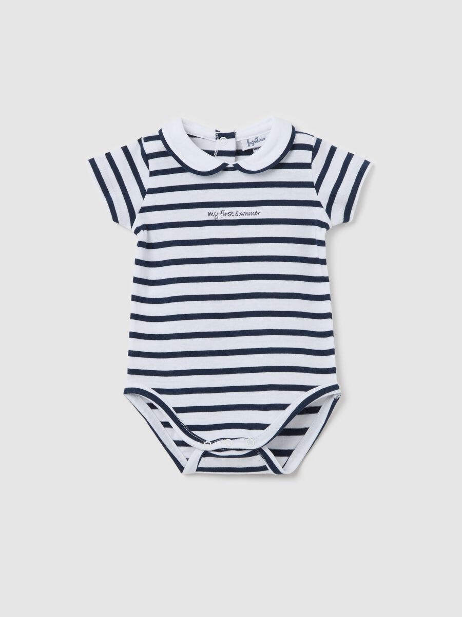 Organic cotton bodysuit with blue and white stripes_0