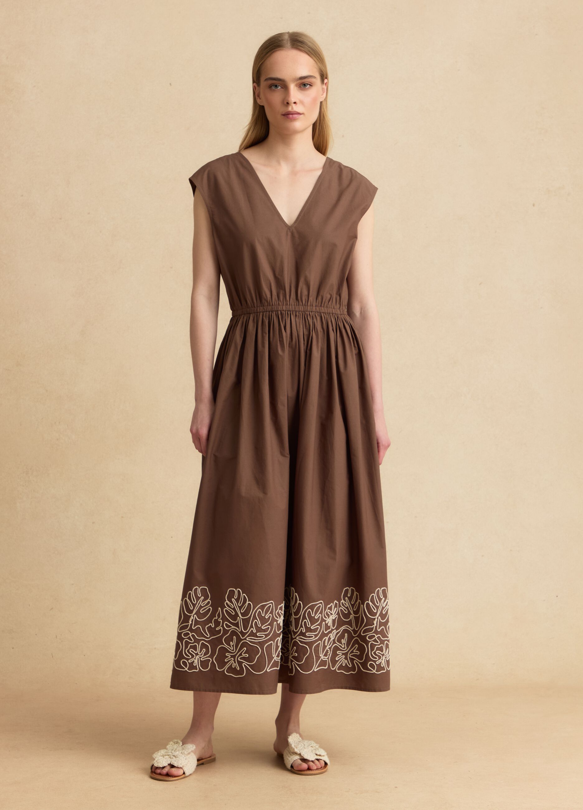 Brown pure cotton regular-fit dress with embroidery and V-neck