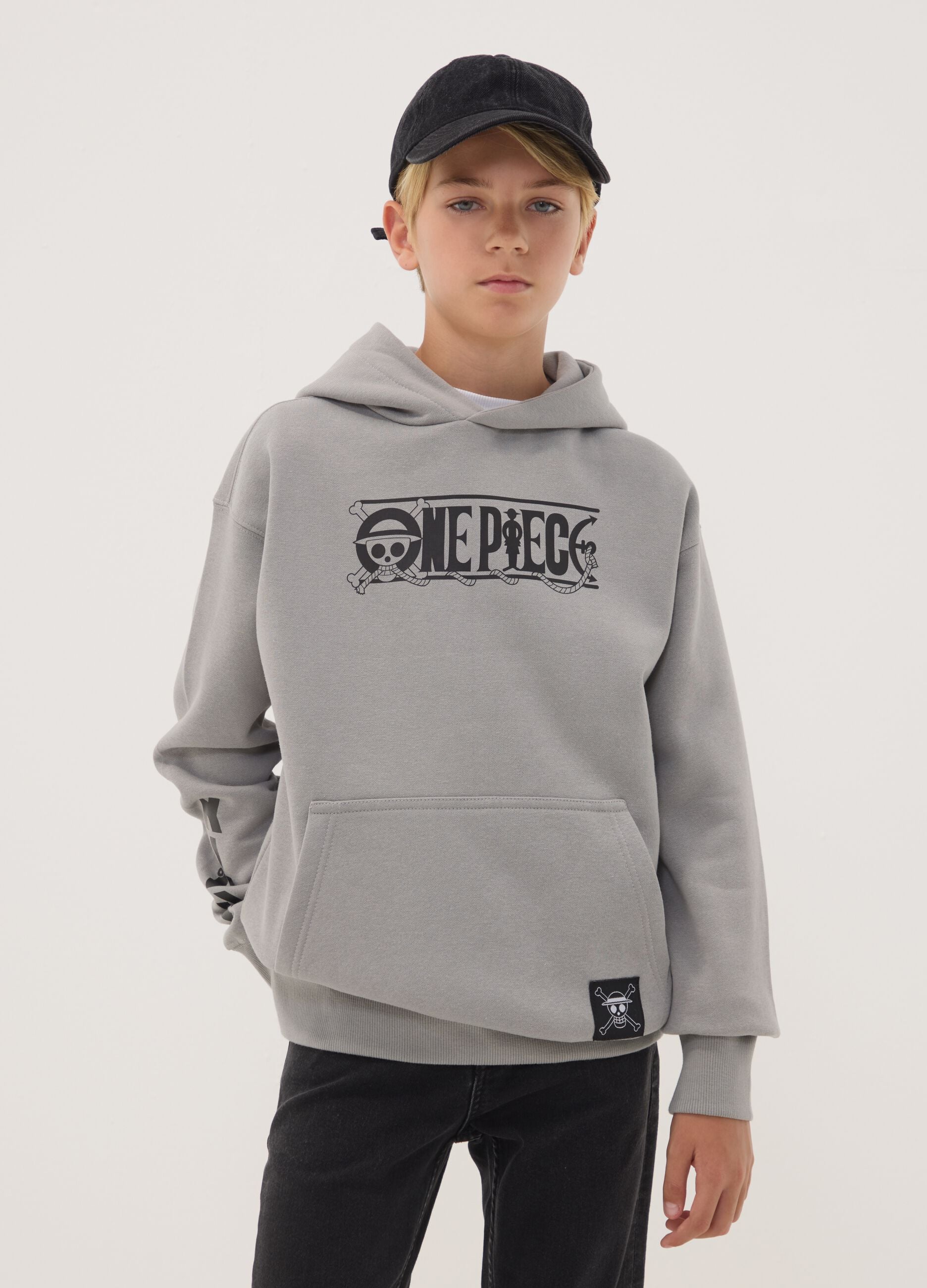 Grey hooded sweatshirt in cotton blend with One Piece print, oversized fit