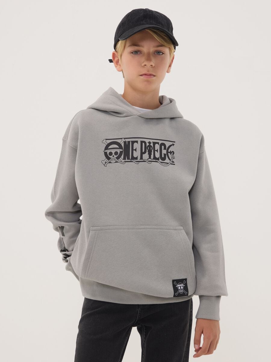 Grey hooded sweatshirt in cotton blend with One Piece print, oversized fit_0