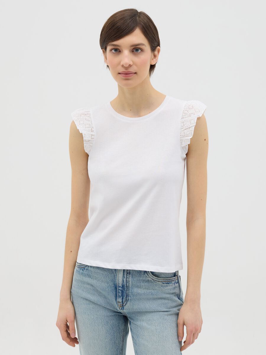 White pure cotton tank top with lace details_0