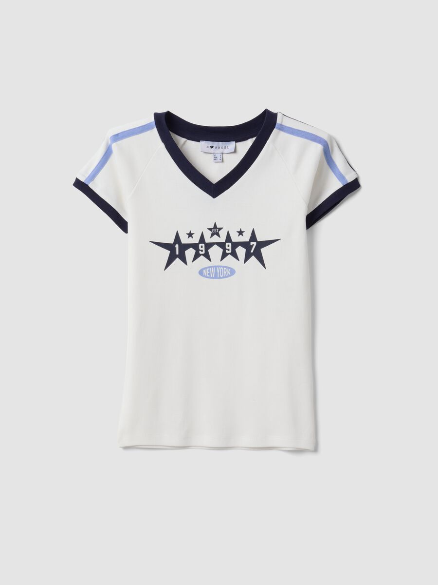 White pure cotton V-neck T-shirt with front print_4