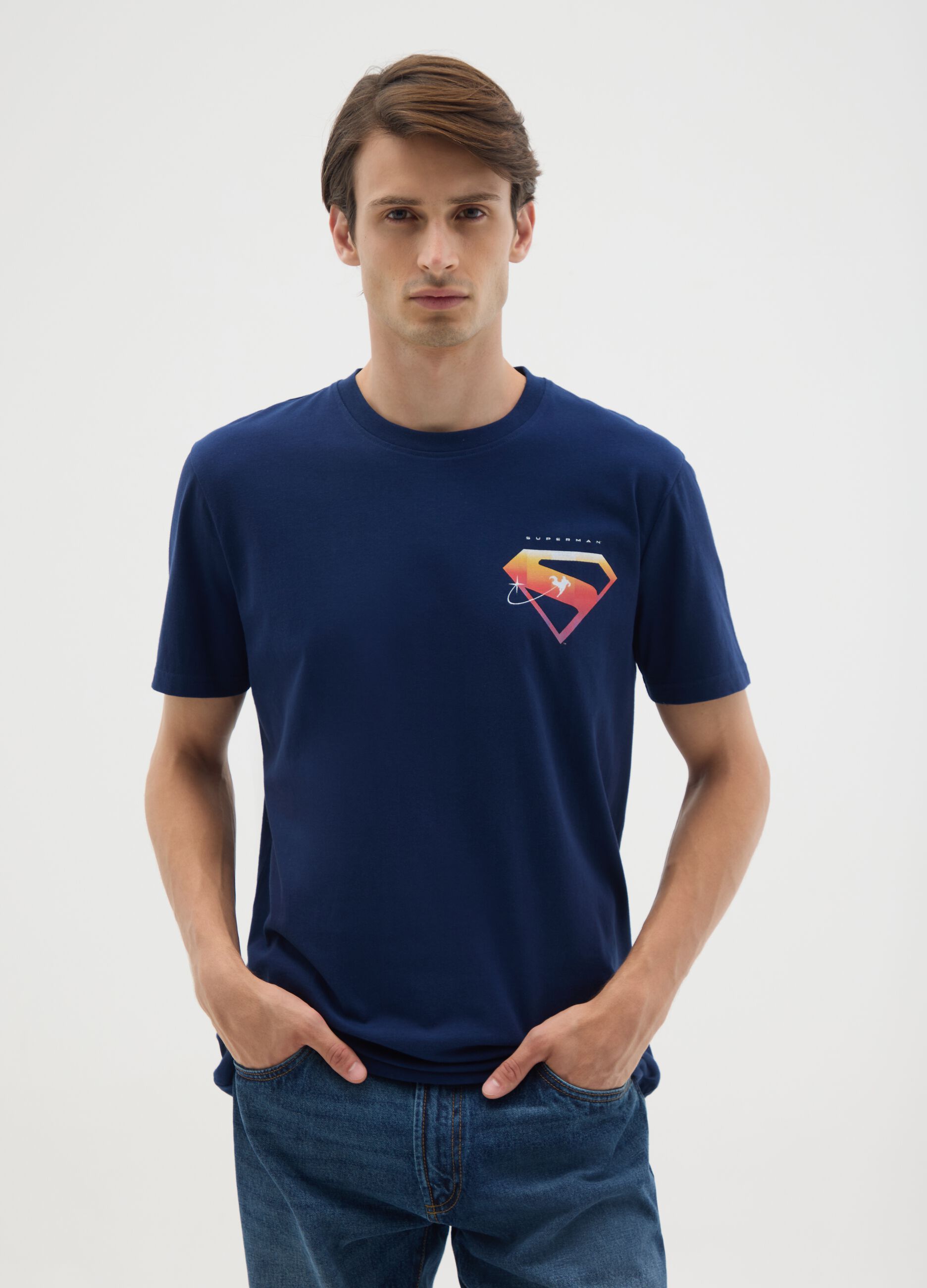 T-shirt da uomo in puro cotone blu con stampa Superman