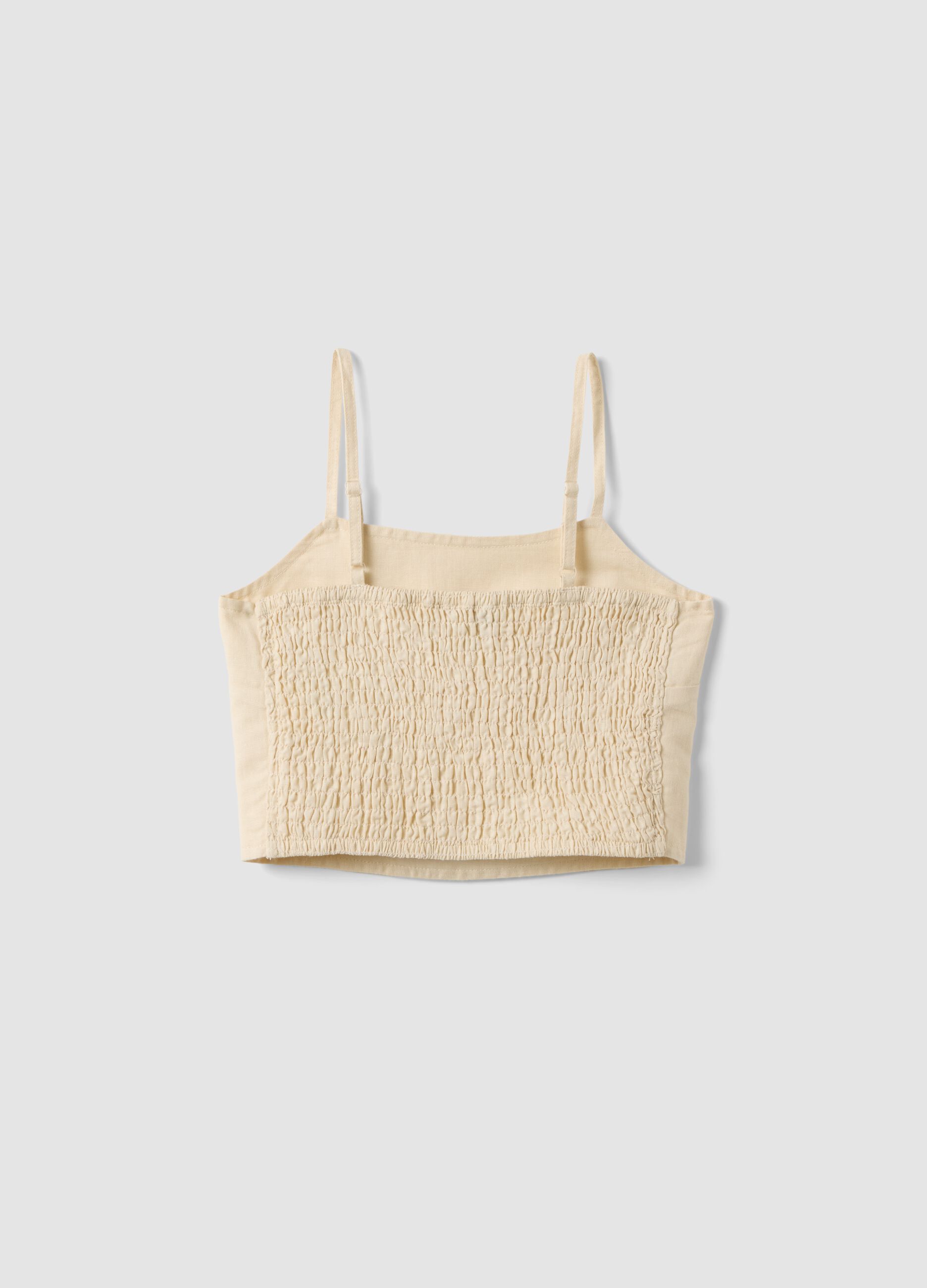 Top corto in misto lino e cotone beige da ragazza slim fit