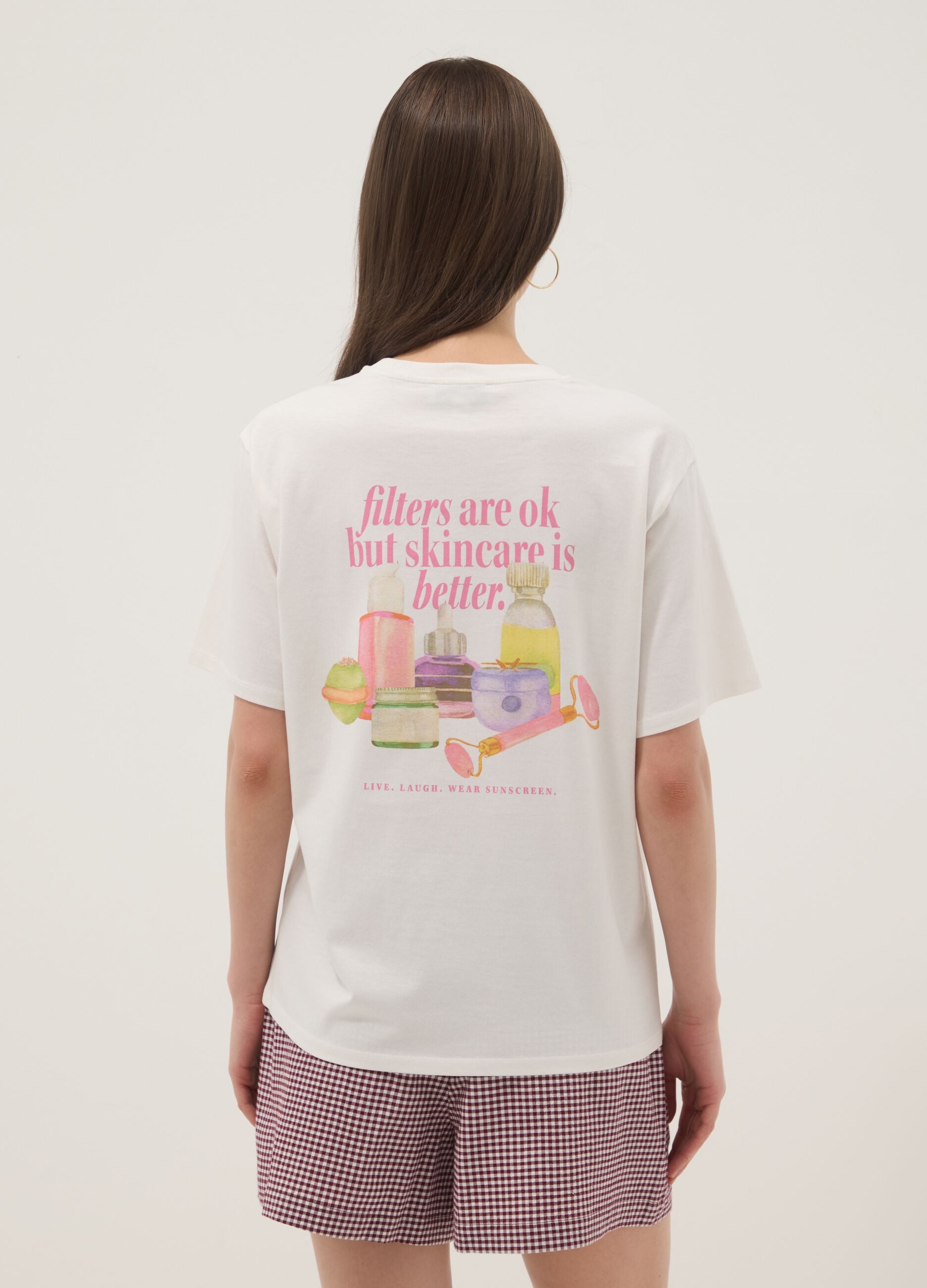 White pure cotton T-shirt with beauty slogan, relaxed fit