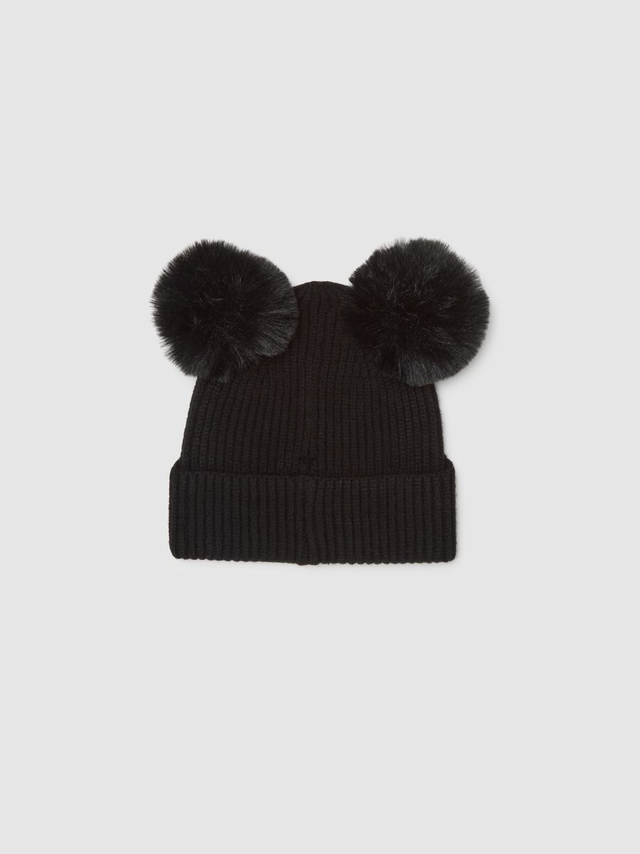 Black Hat with Ear-Shaped Pom-Poms_1