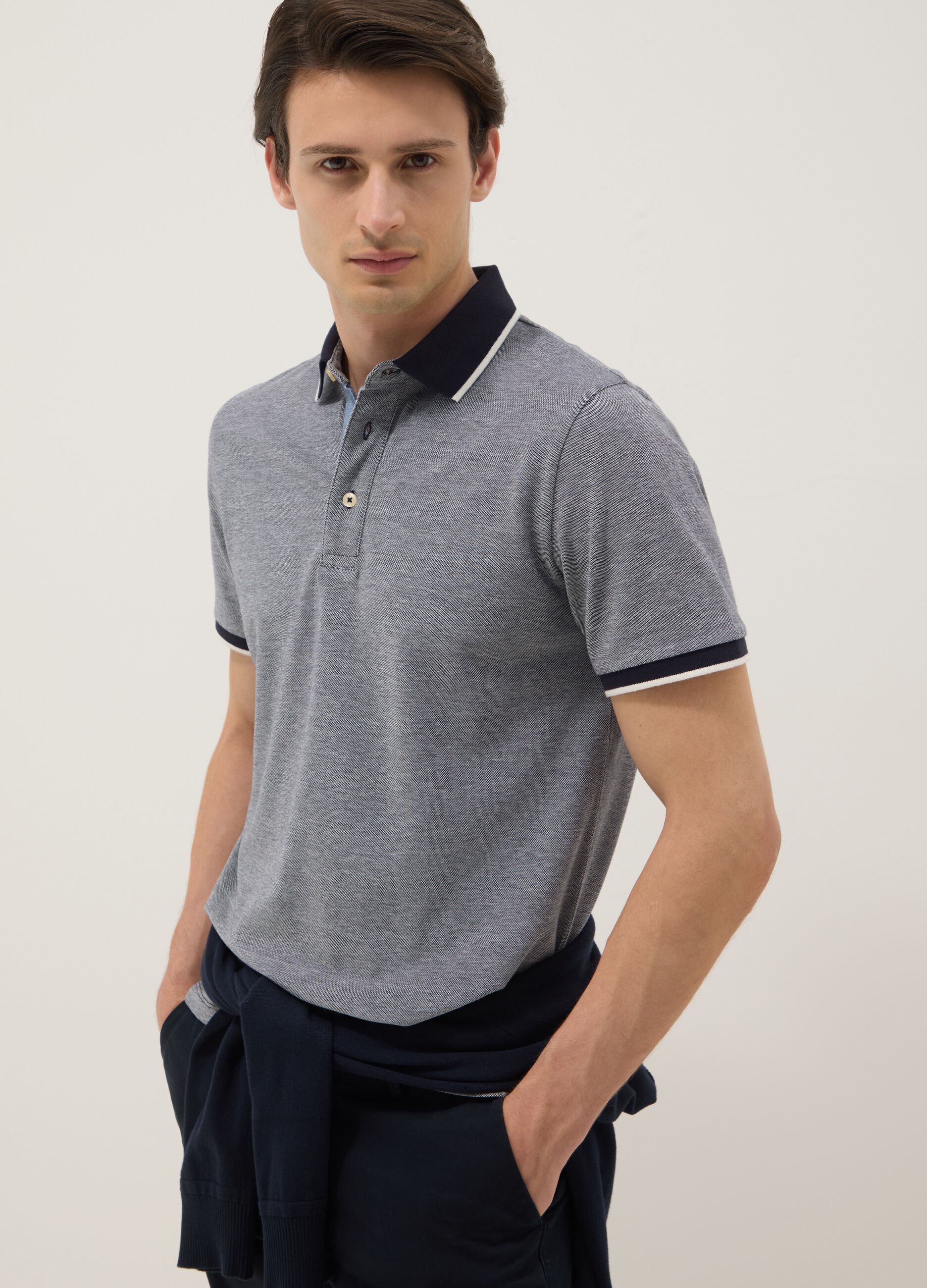Grey pure cotton polo shirt with classic collar