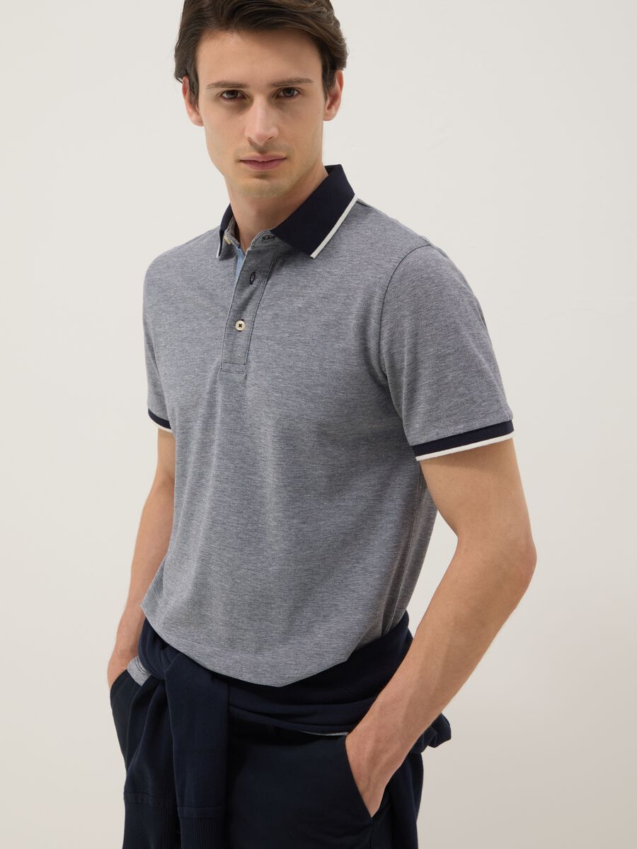 Grey pure cotton polo shirt with classic collar_0