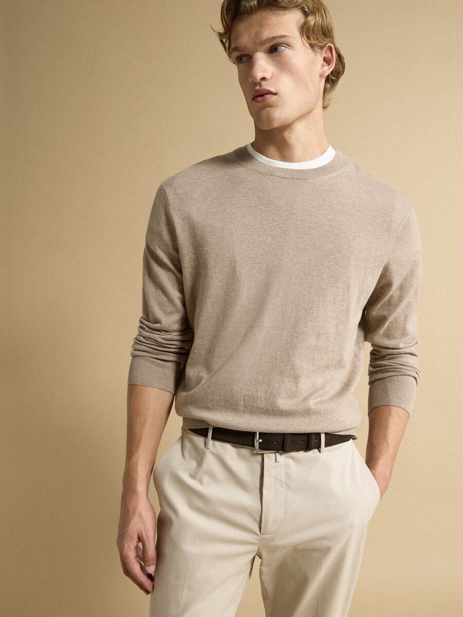 Maglia beige girocollo in misto cotone e cashmere regular fit_0