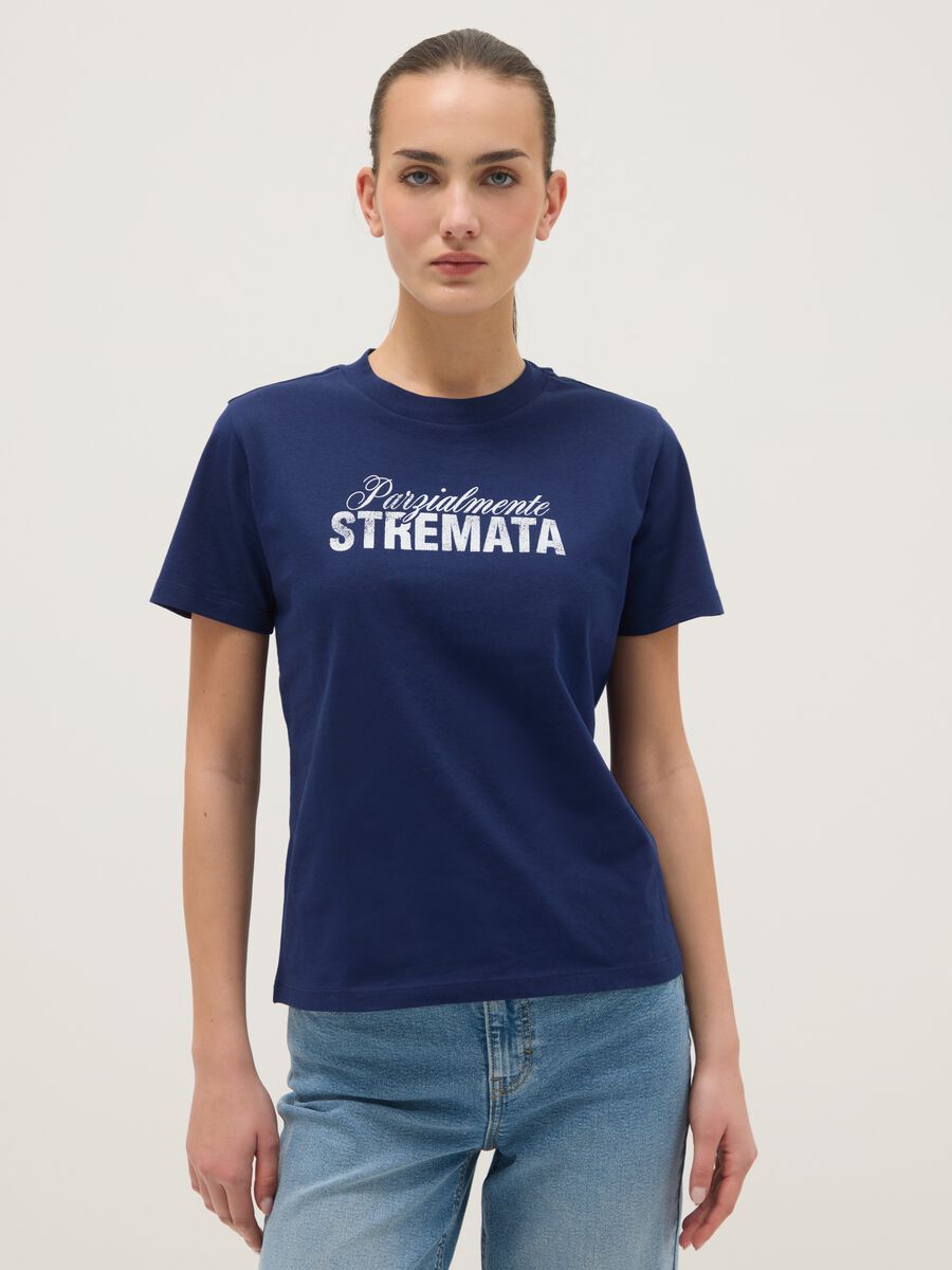 Blue pure cotton regular fit T-shirt with text_0