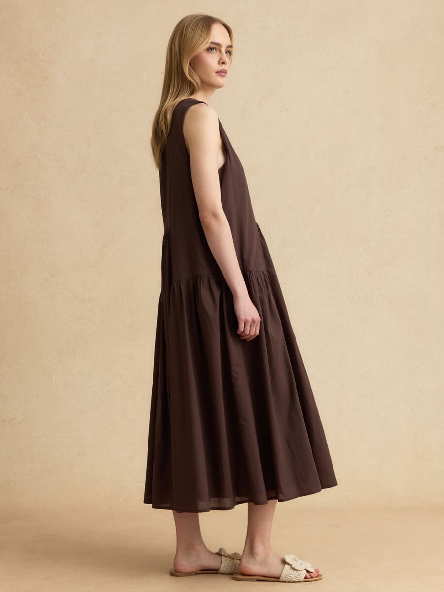 Abito midi marrone in puro cotone regular fit con arricciature_1