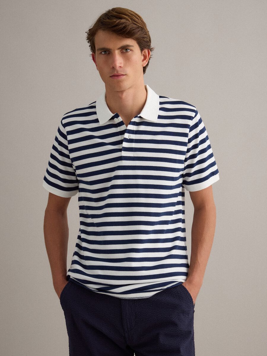 Polo blu e bianca a righe in puro cotone regular fit_1