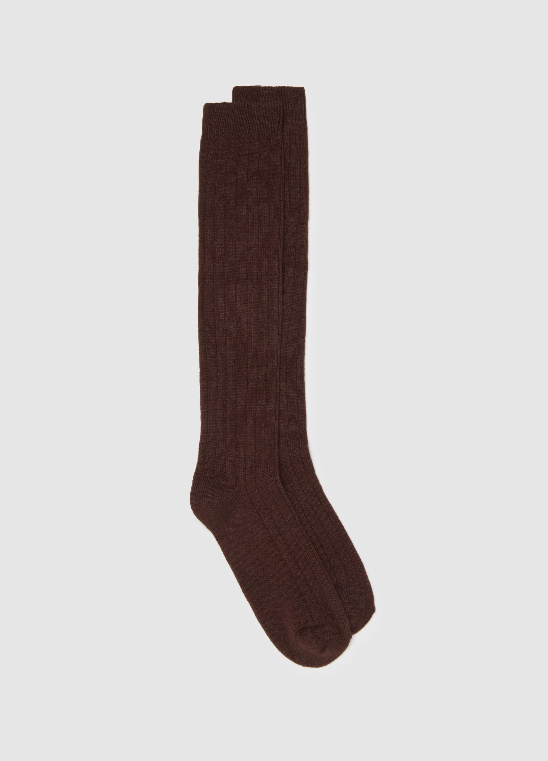 Brown Ribbed Long Socks