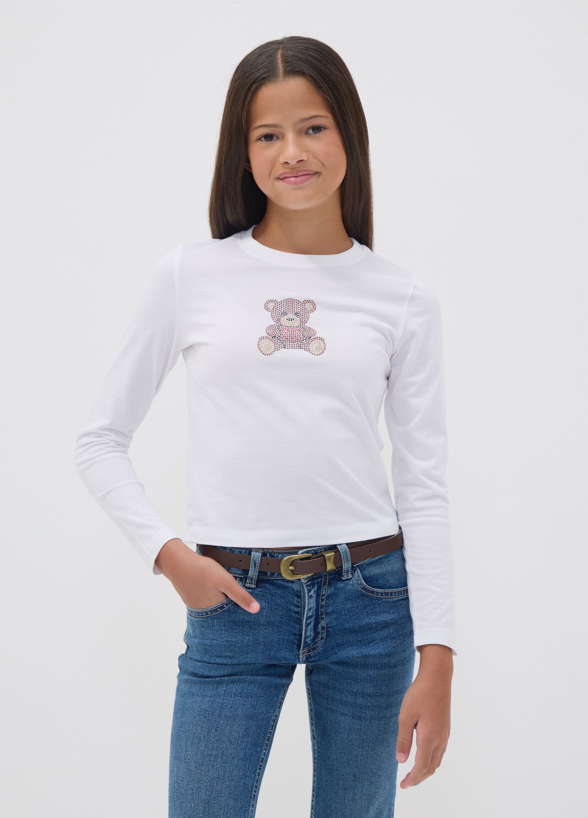 White pure cotton crew-neck T-shirt with teddy bear print for girls