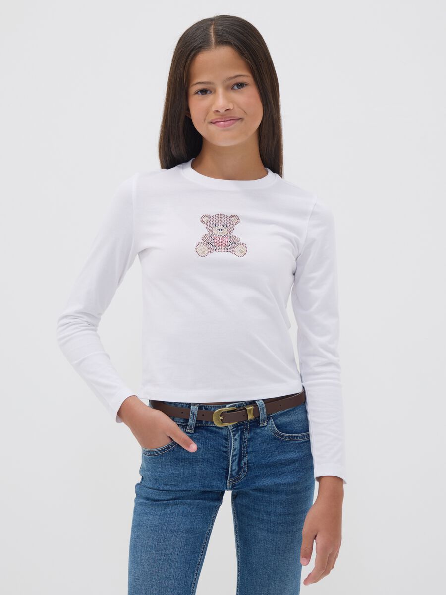 T-shirt bianca in puro cotone con girocollo e stampa orsetto per ragazza_1