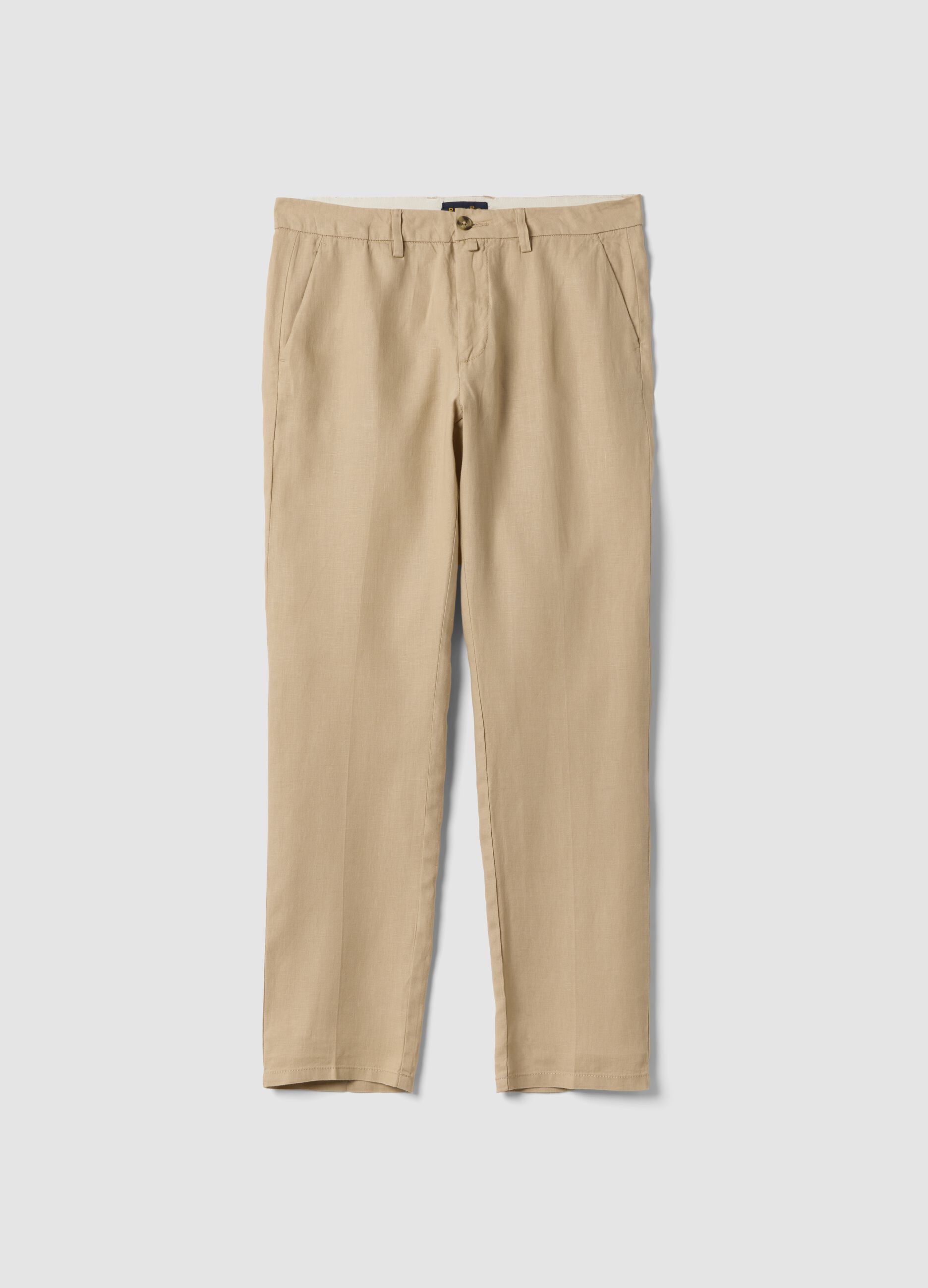 Beige pure linen chino trousers, regular fit