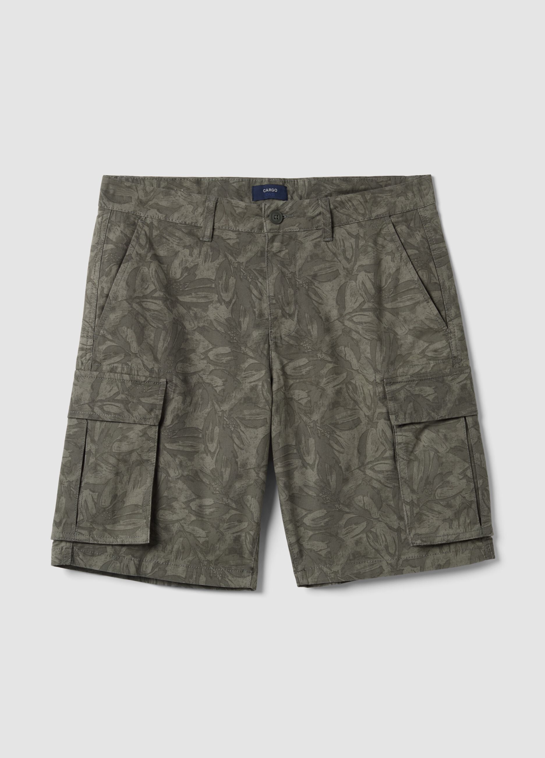 Grey stretch cotton cargo bermuda shorts