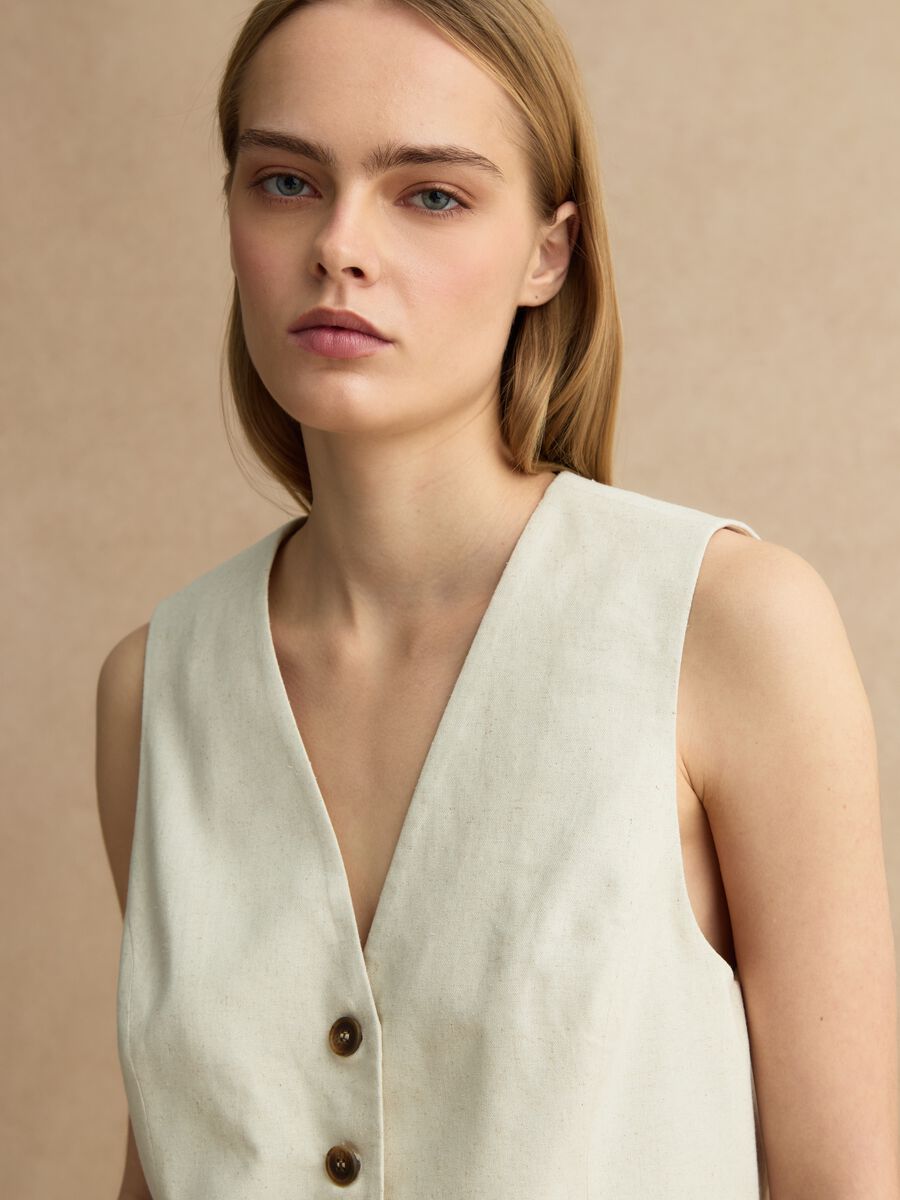Beige slim fit viscose and linen mix waistcoat_1