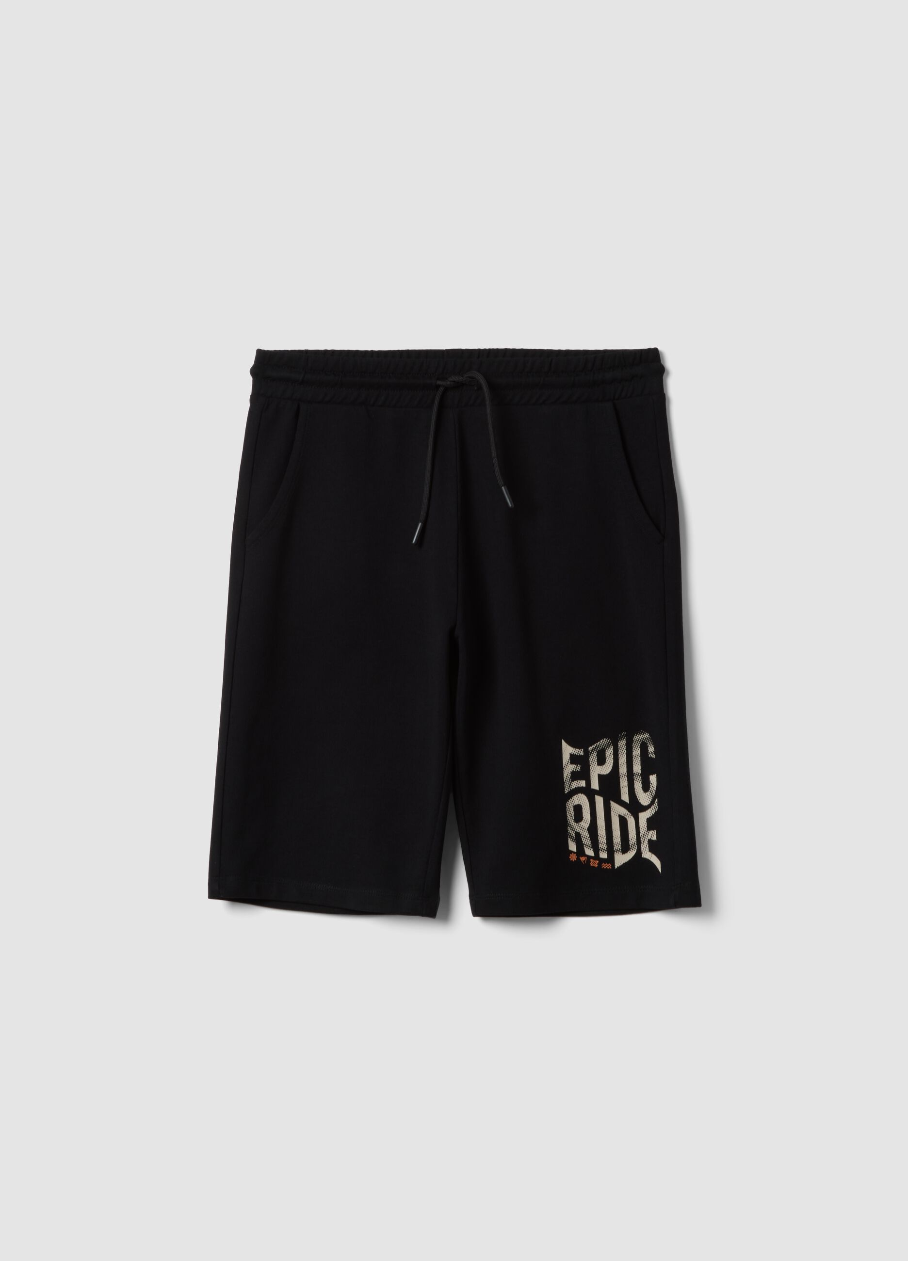 Black pure cotton bermuda shorts with elasticated waist
