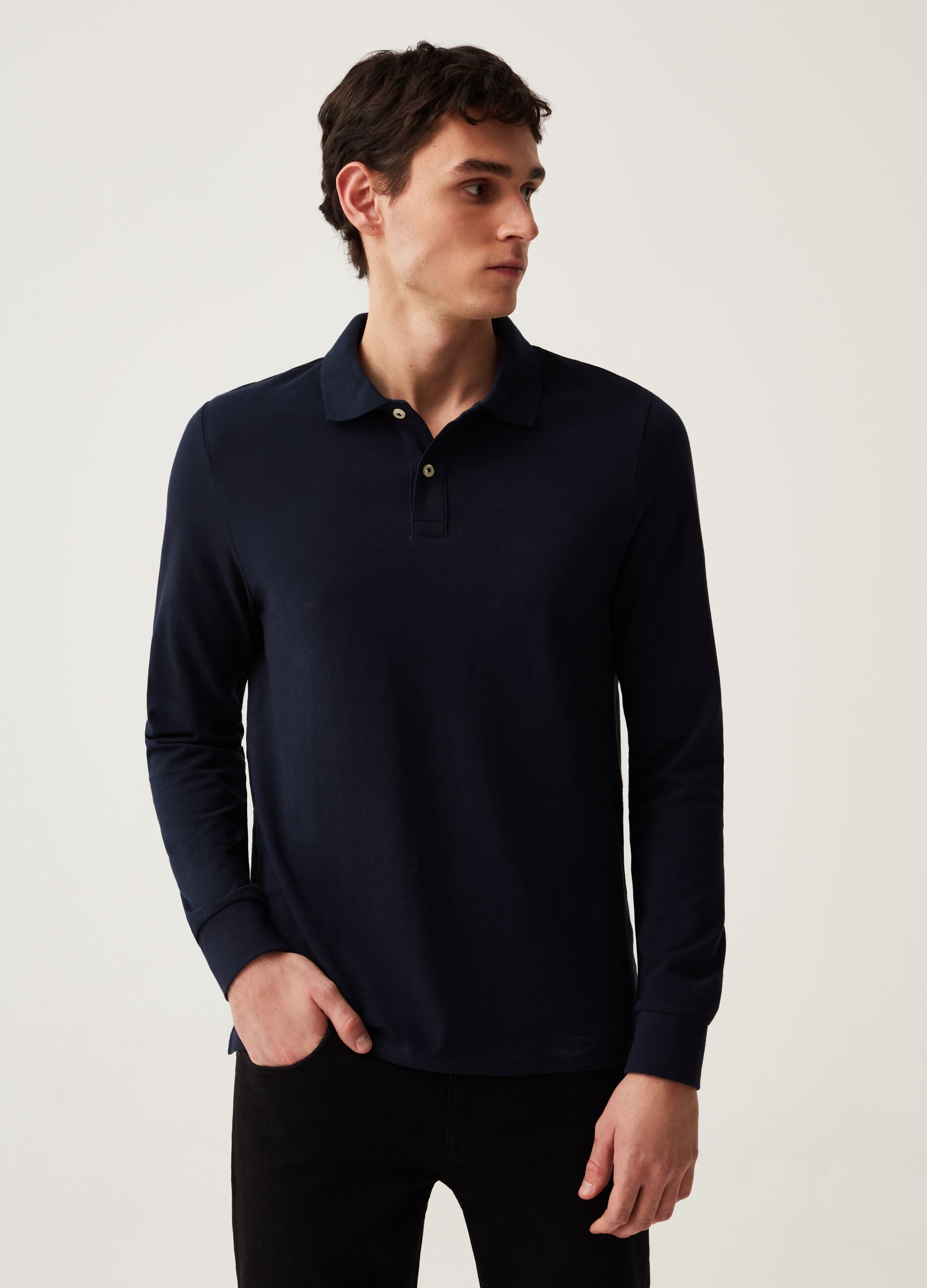 Long-sleeve polo shirt in cotton pique