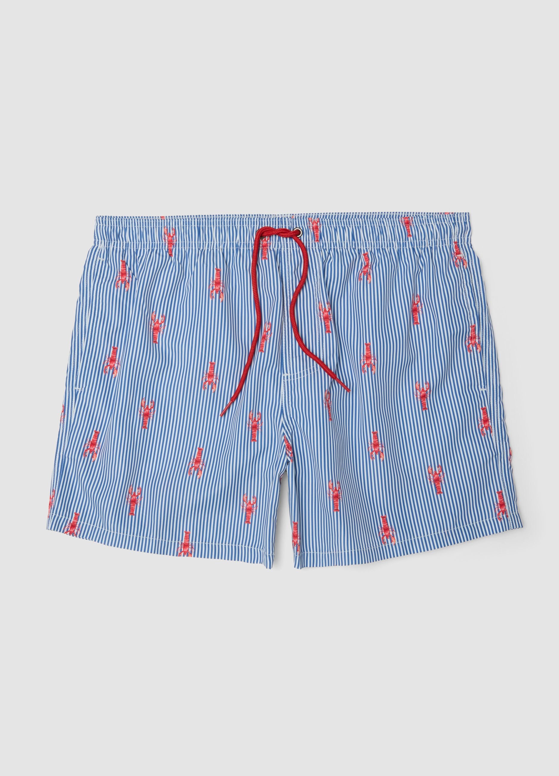 Blue striped swim shorts with lobster print