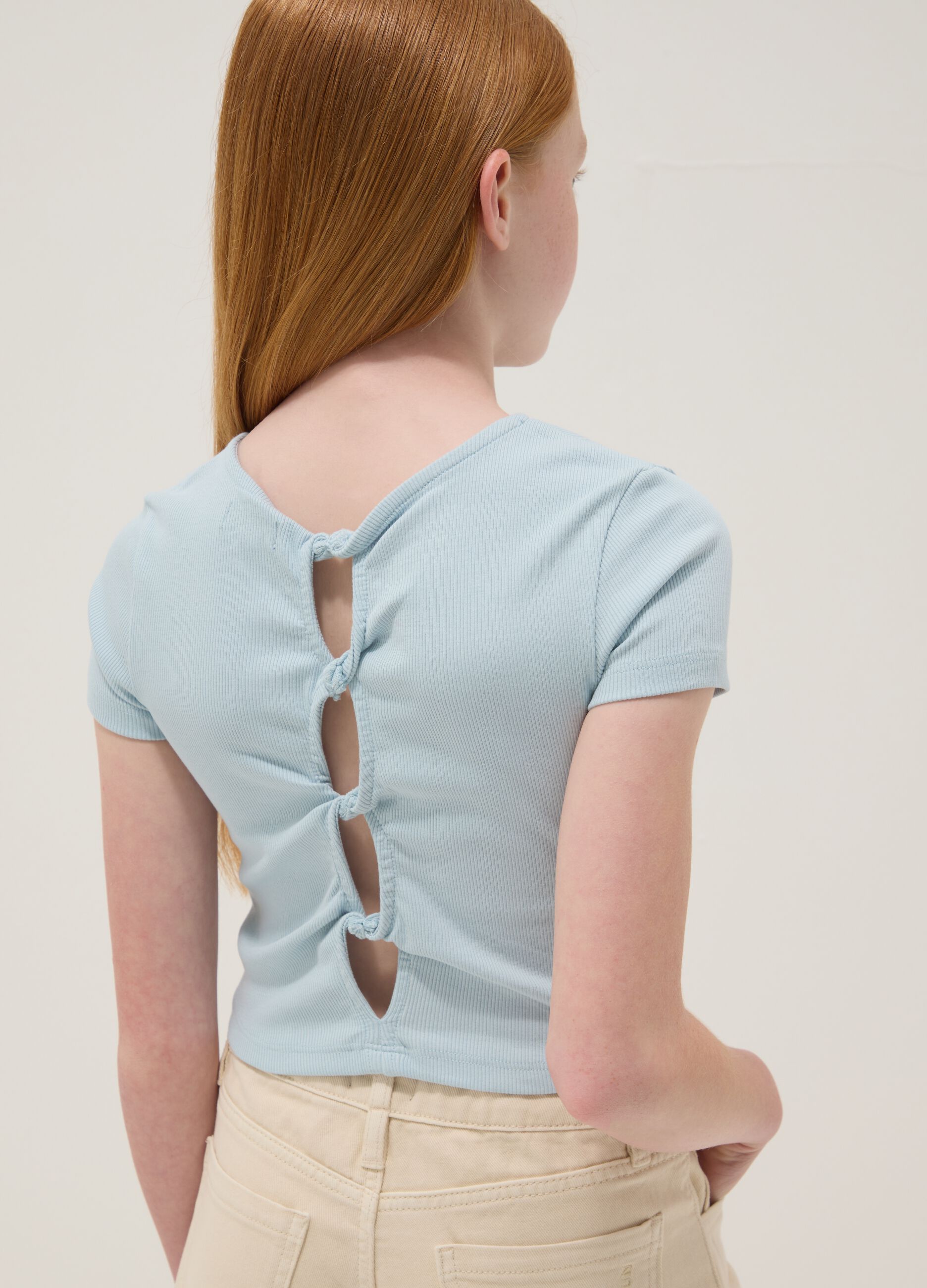 Blue stretch cotton short-sleeve T-shirt