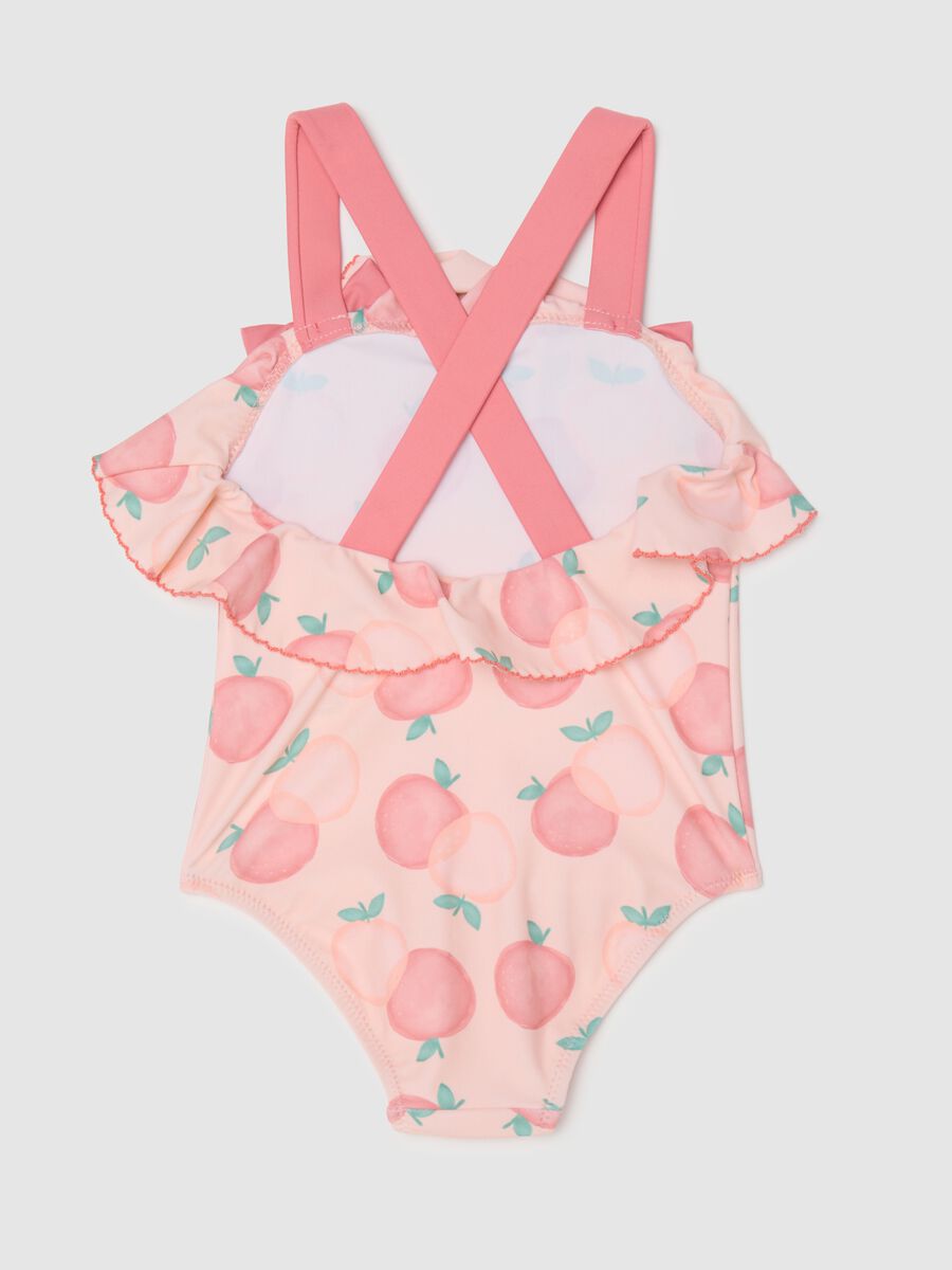 Girls' Pink Stretch Blend Swimsuit with Peach Print and Ruffles_1