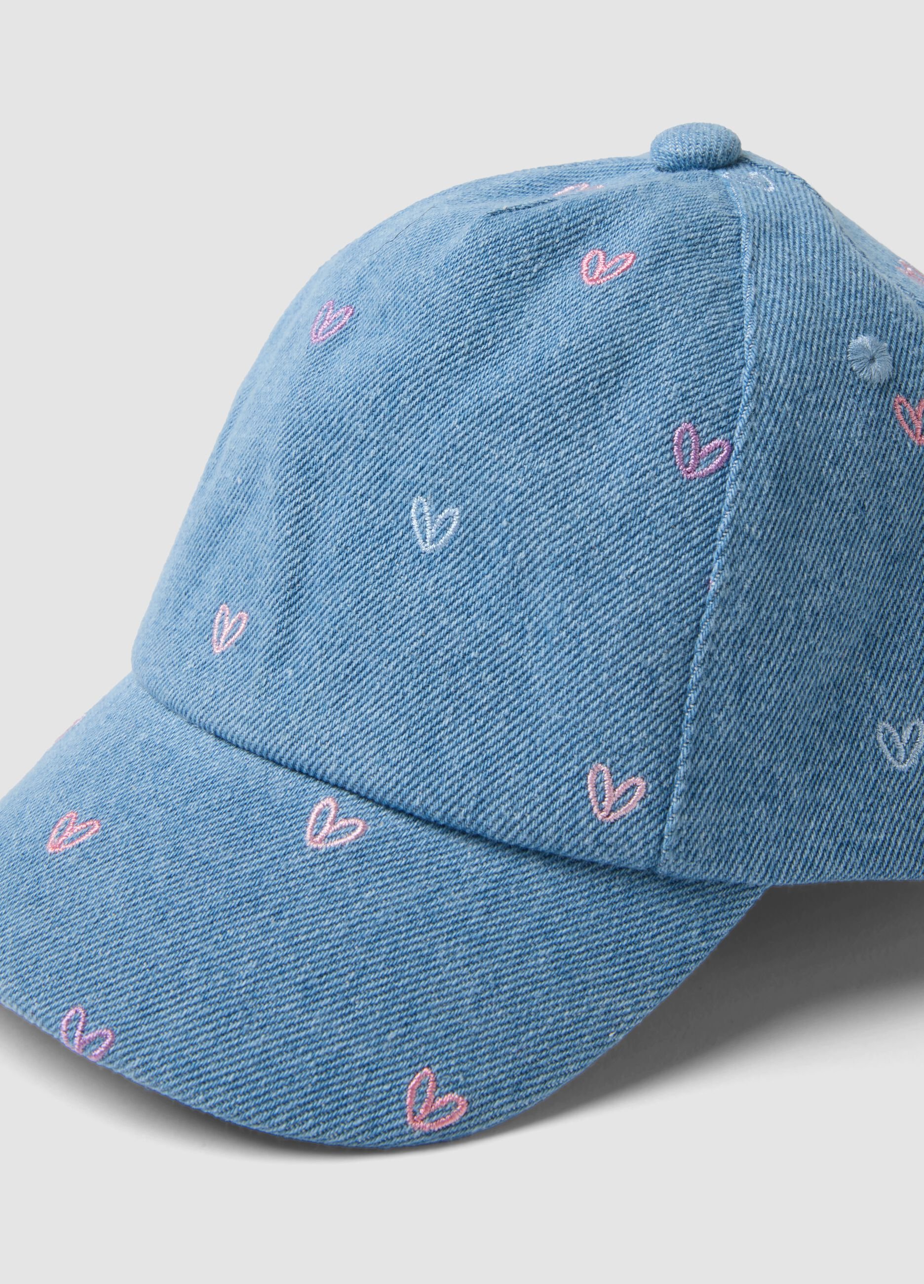 Light blue denim baseball cap in pure cotton for baby girls with hearts