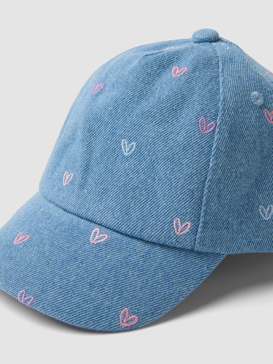 Cappello da baseball denim azzurro in puro cotone da bimba con cuori_2