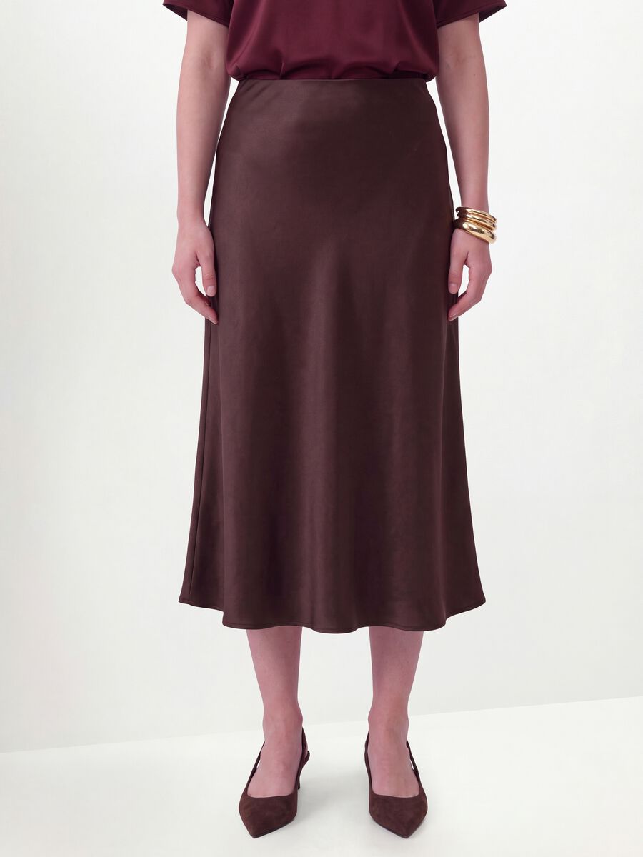 Brown satin midi skirt in stretch fabric_1