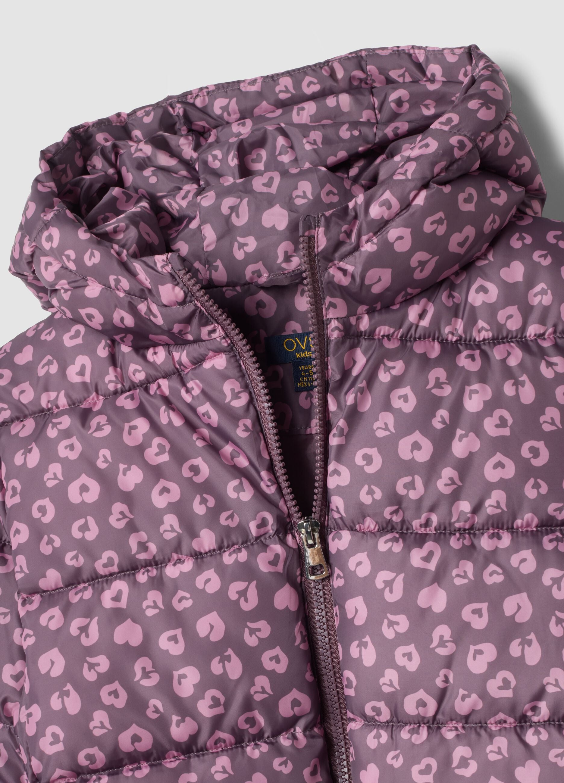 Multicolour hooded padded jacket with heart print, regular fit
