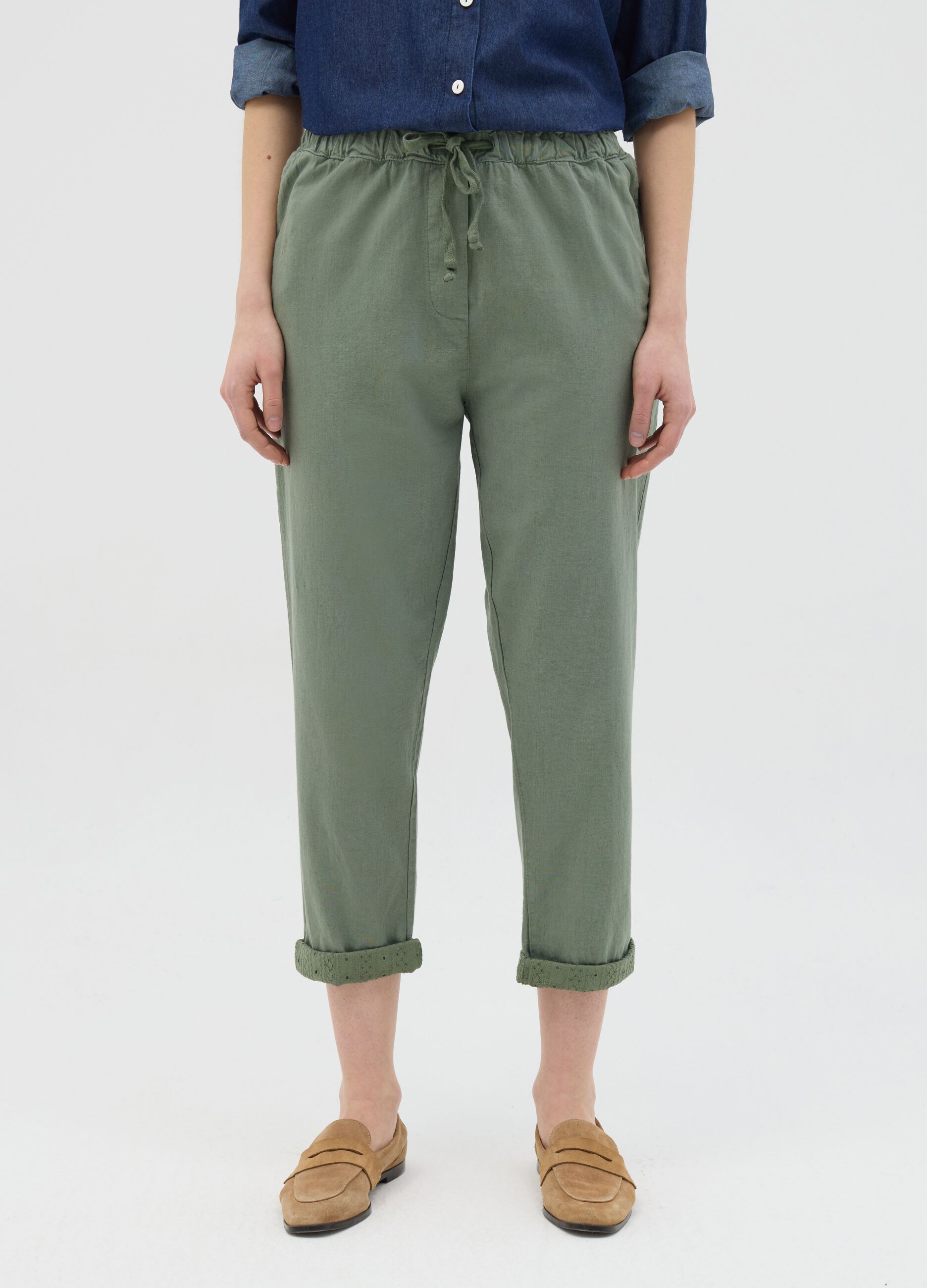Green Linen and Cotton Hybrid Trousers