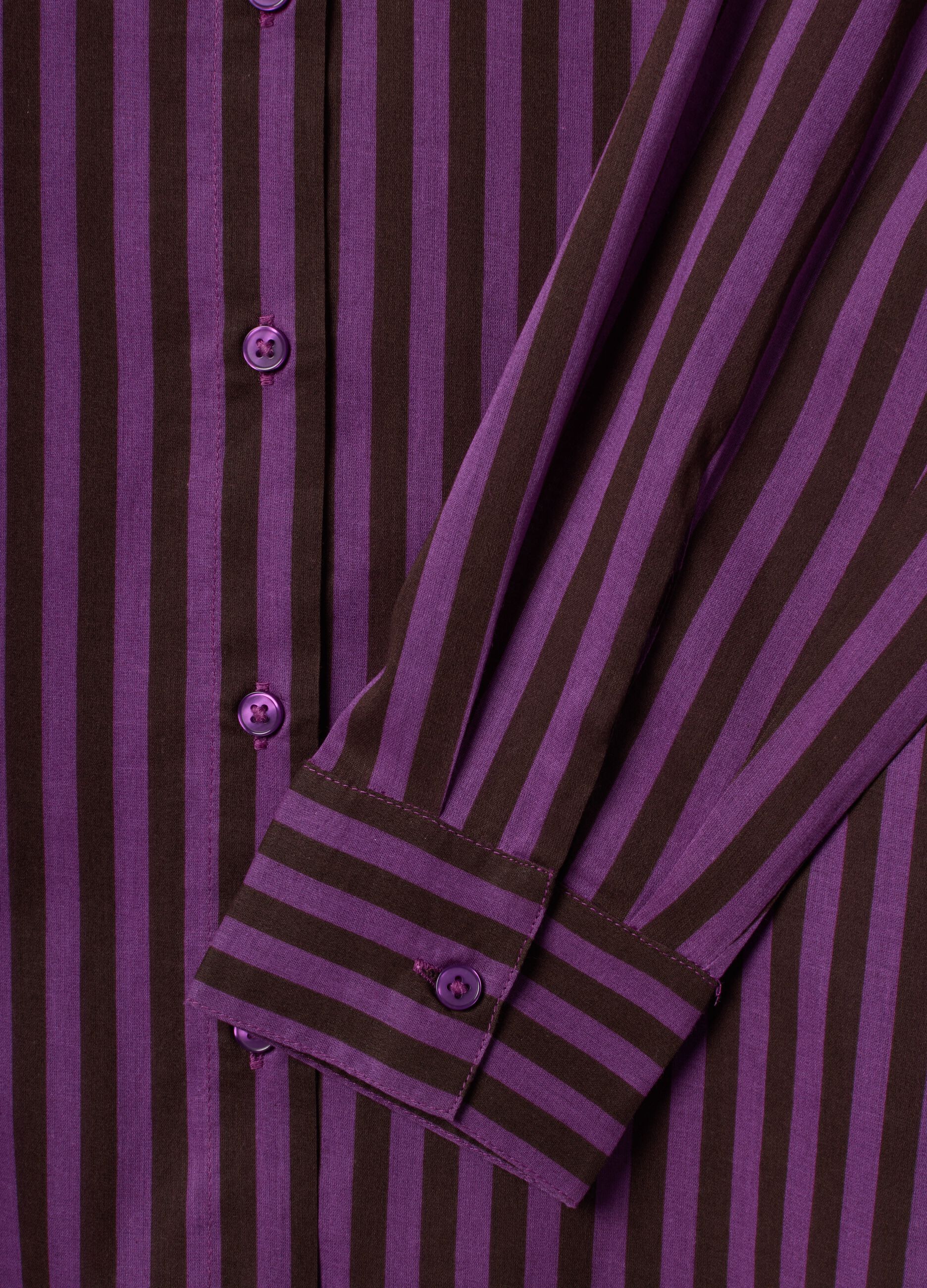 Purple pure cotton striped shirt with grandad collar, regular fit