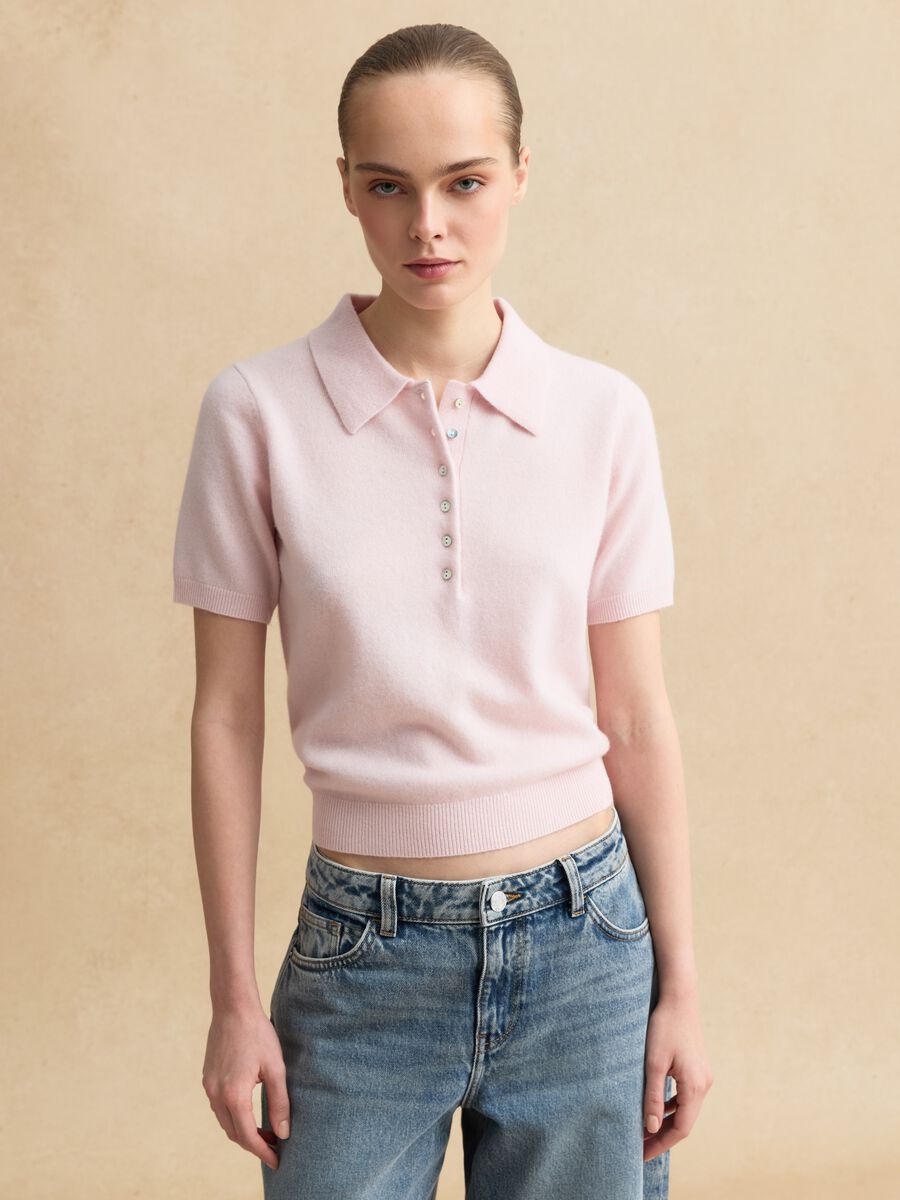 Regular fit pure wool pink jumper with polo collar_1