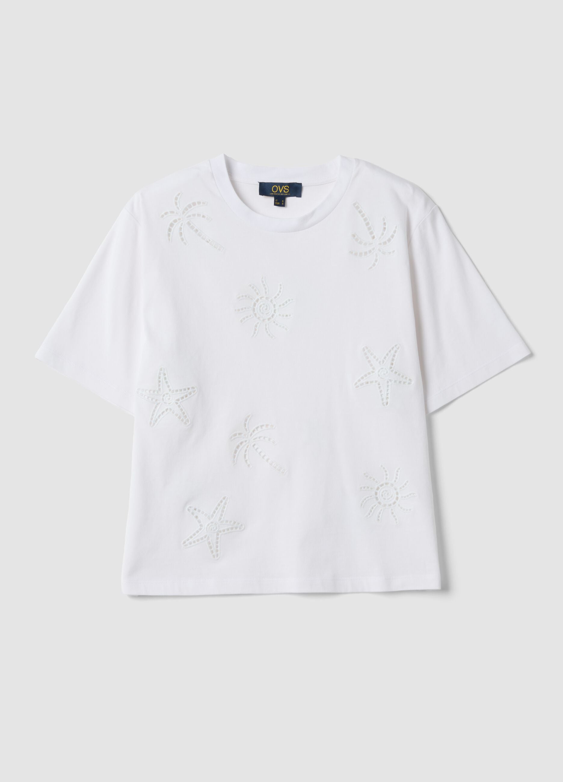 White pure cotton T-shirt with broderie anglaise embroidery, regular fit