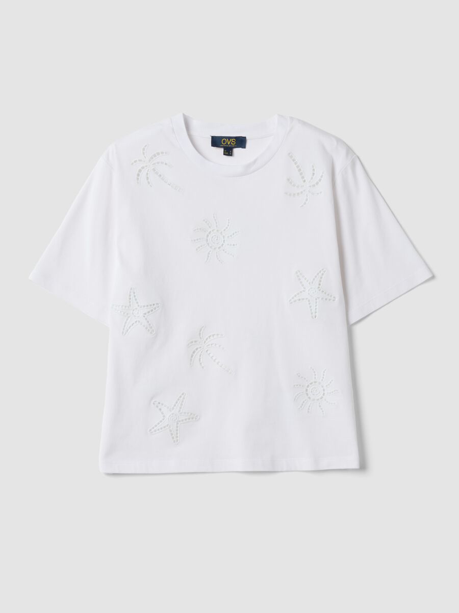 White pure cotton T-shirt with broderie anglaise embroidery, regular fit_0