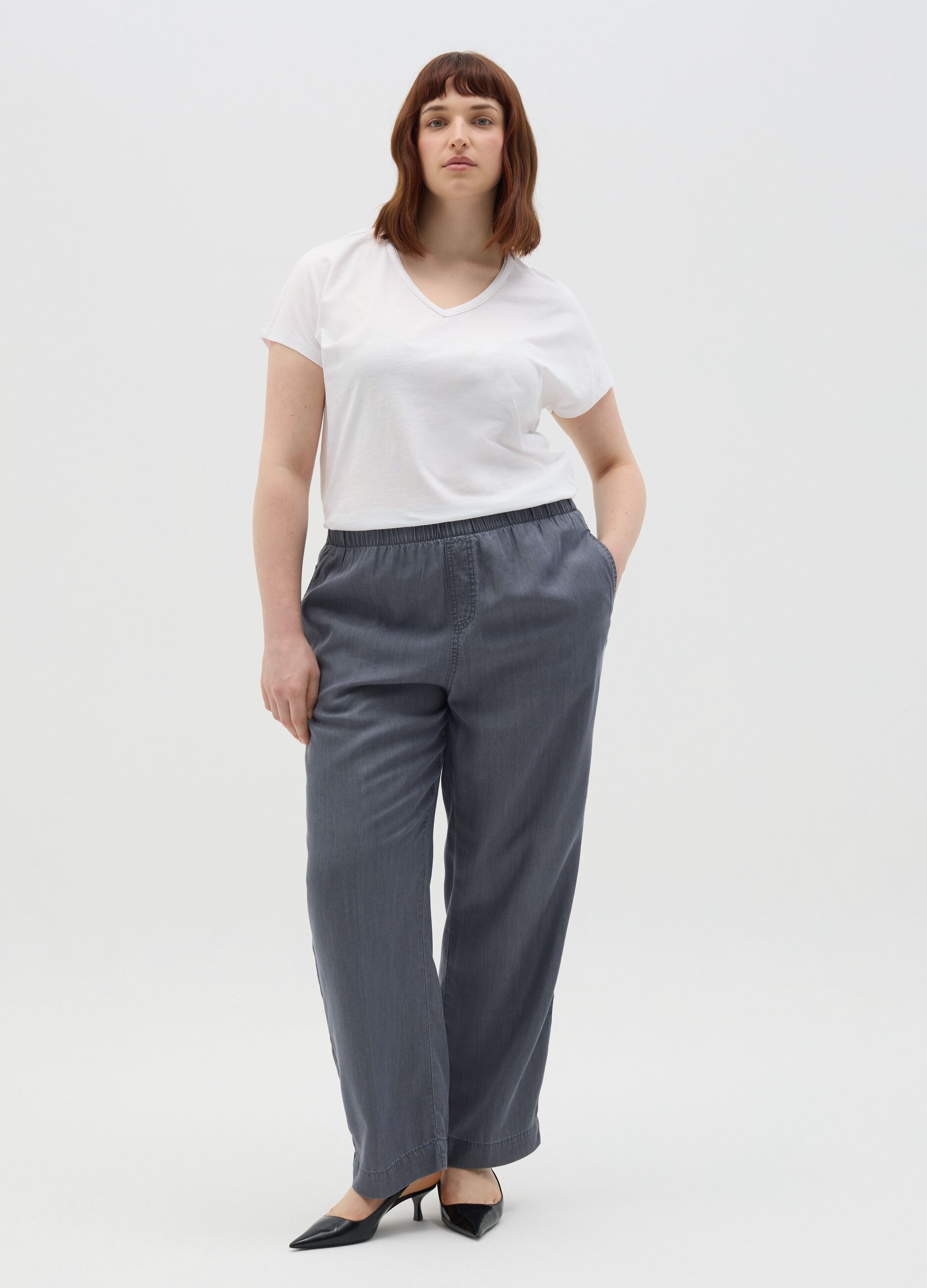 Curvy grey jogger trousers with denim effect