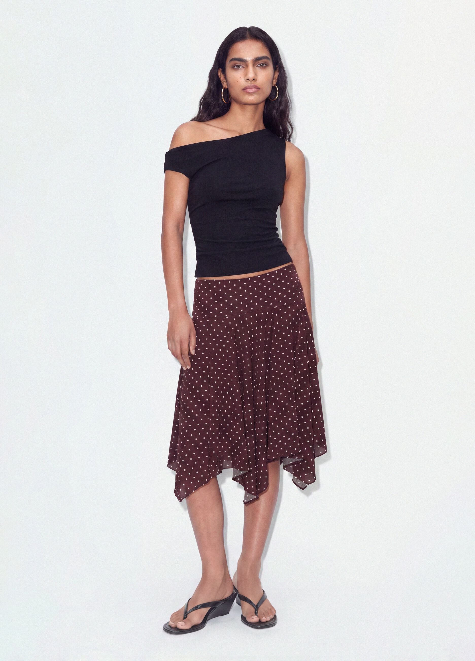 Brown polka-dot skirt in viscose blend with asymmetric hem