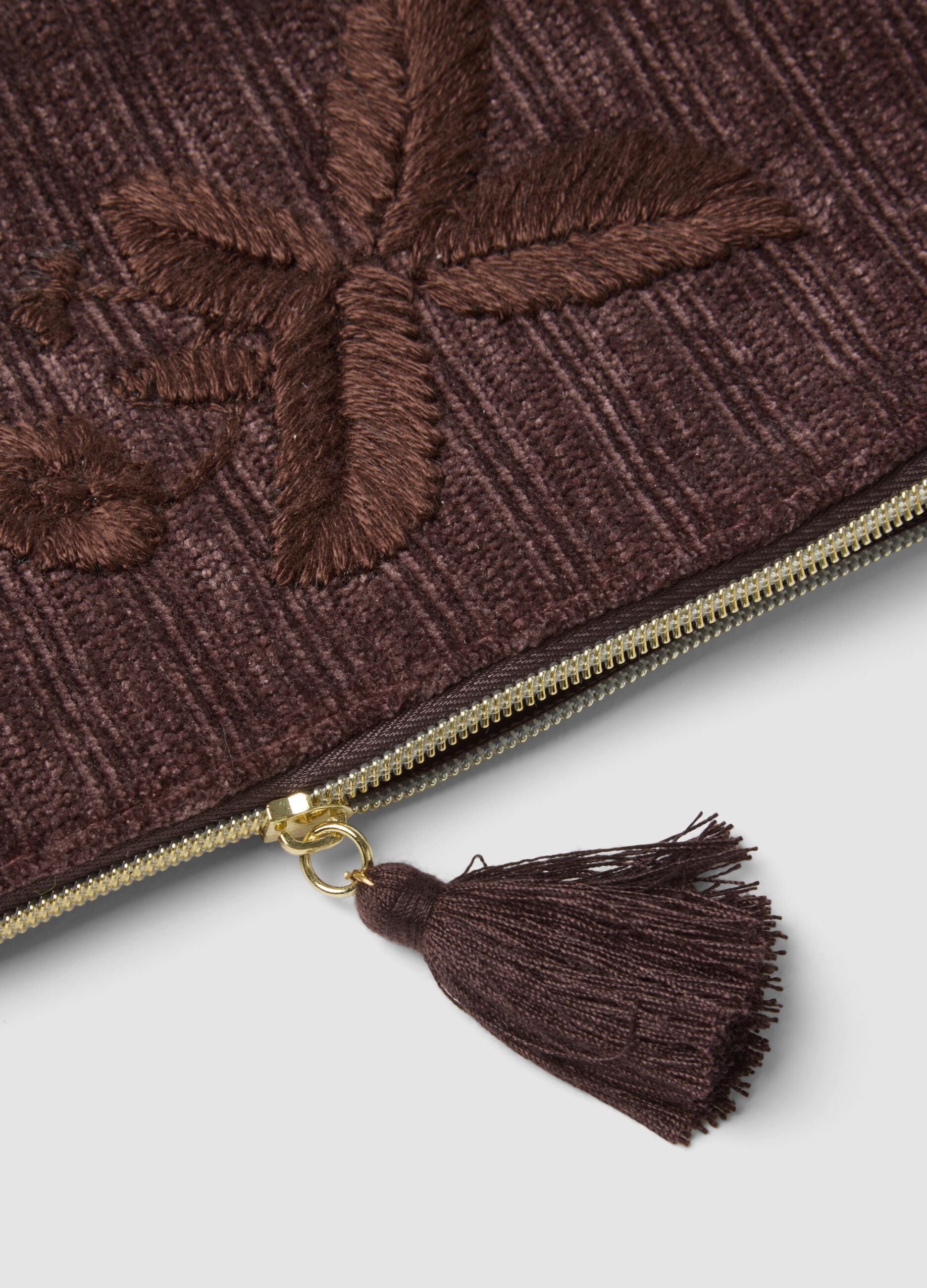 Brown pouch with floral embroidery and tassel