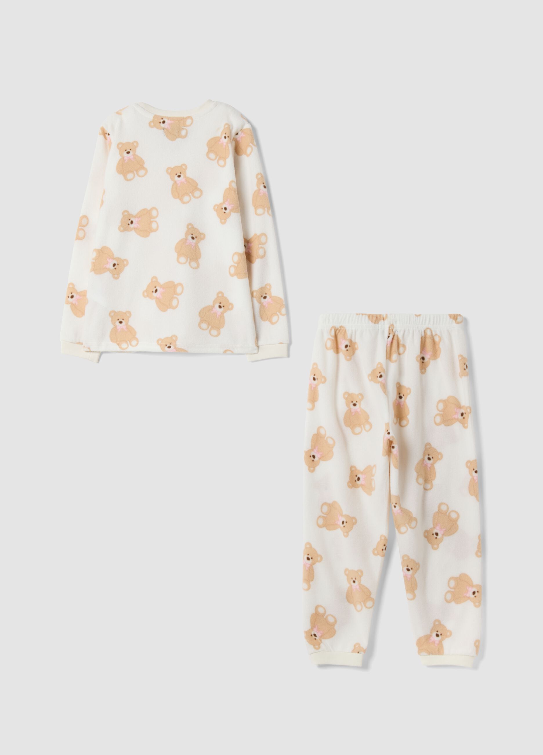 White crew-neck pyjamas with teddy bear print