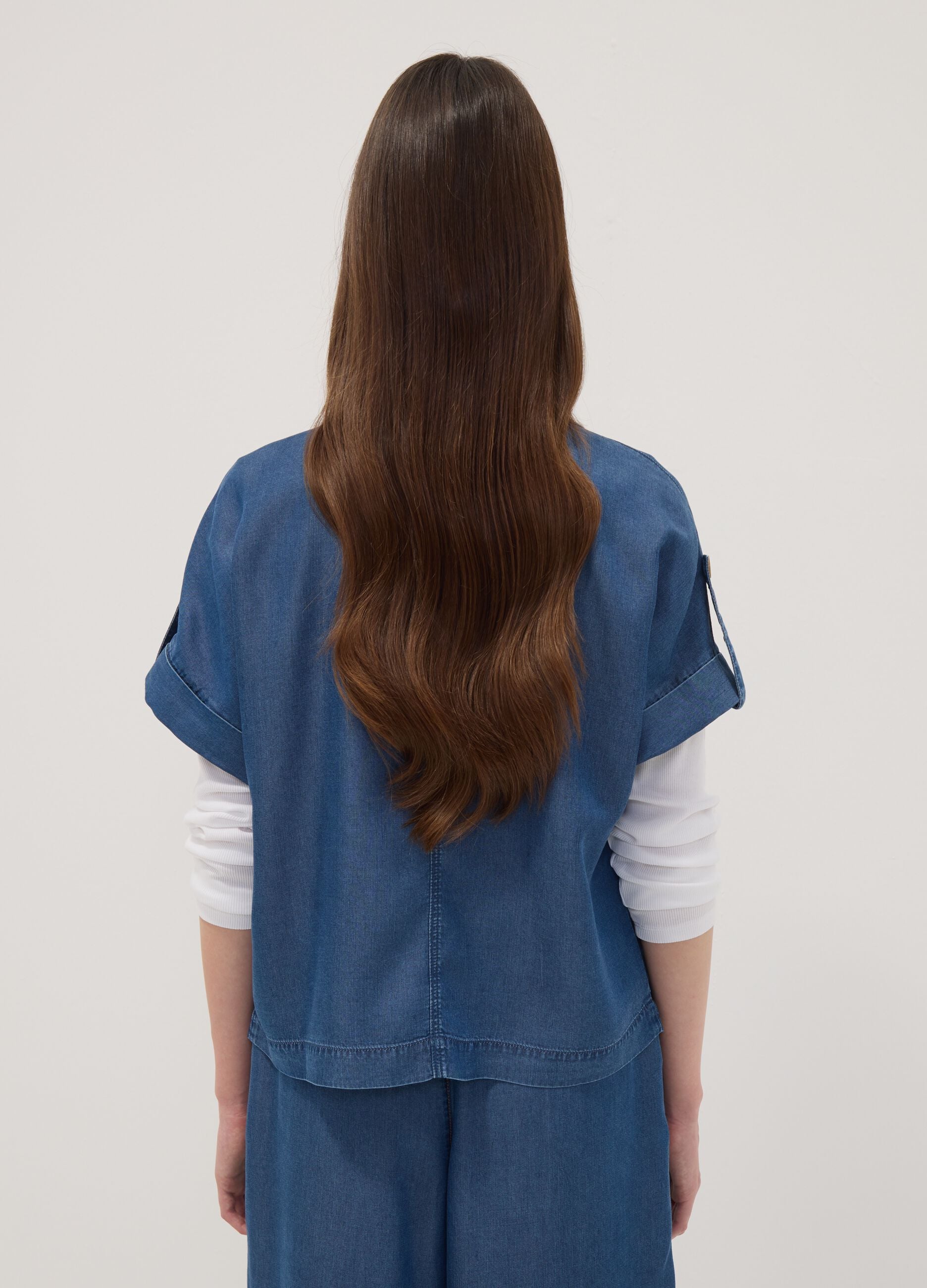 Blue pure lyocell short-sleeved shirt