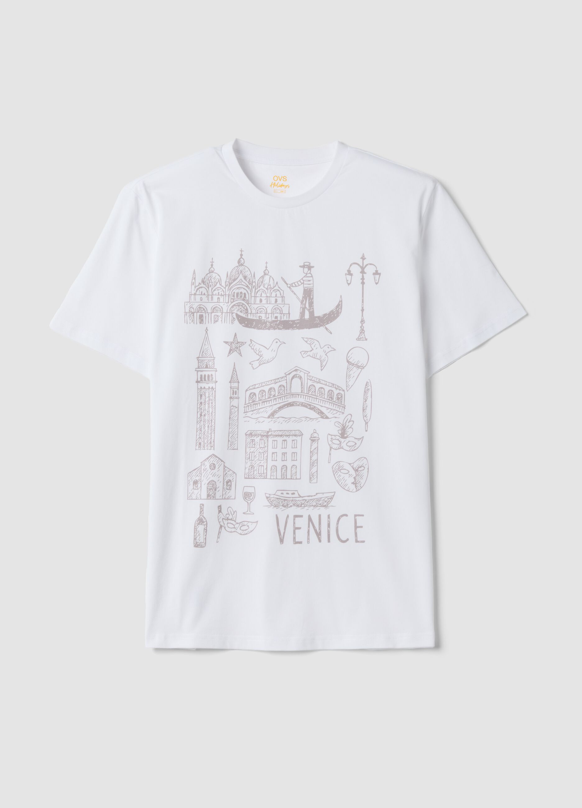 White pure cotton T-shirt with print, regular fit