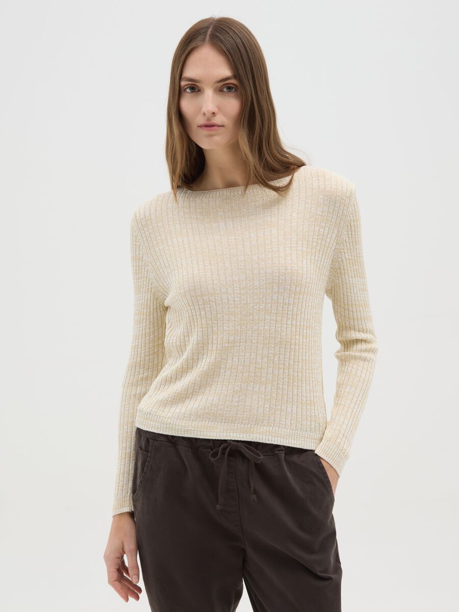 Maglia a costine beige con fibre metalliche_0