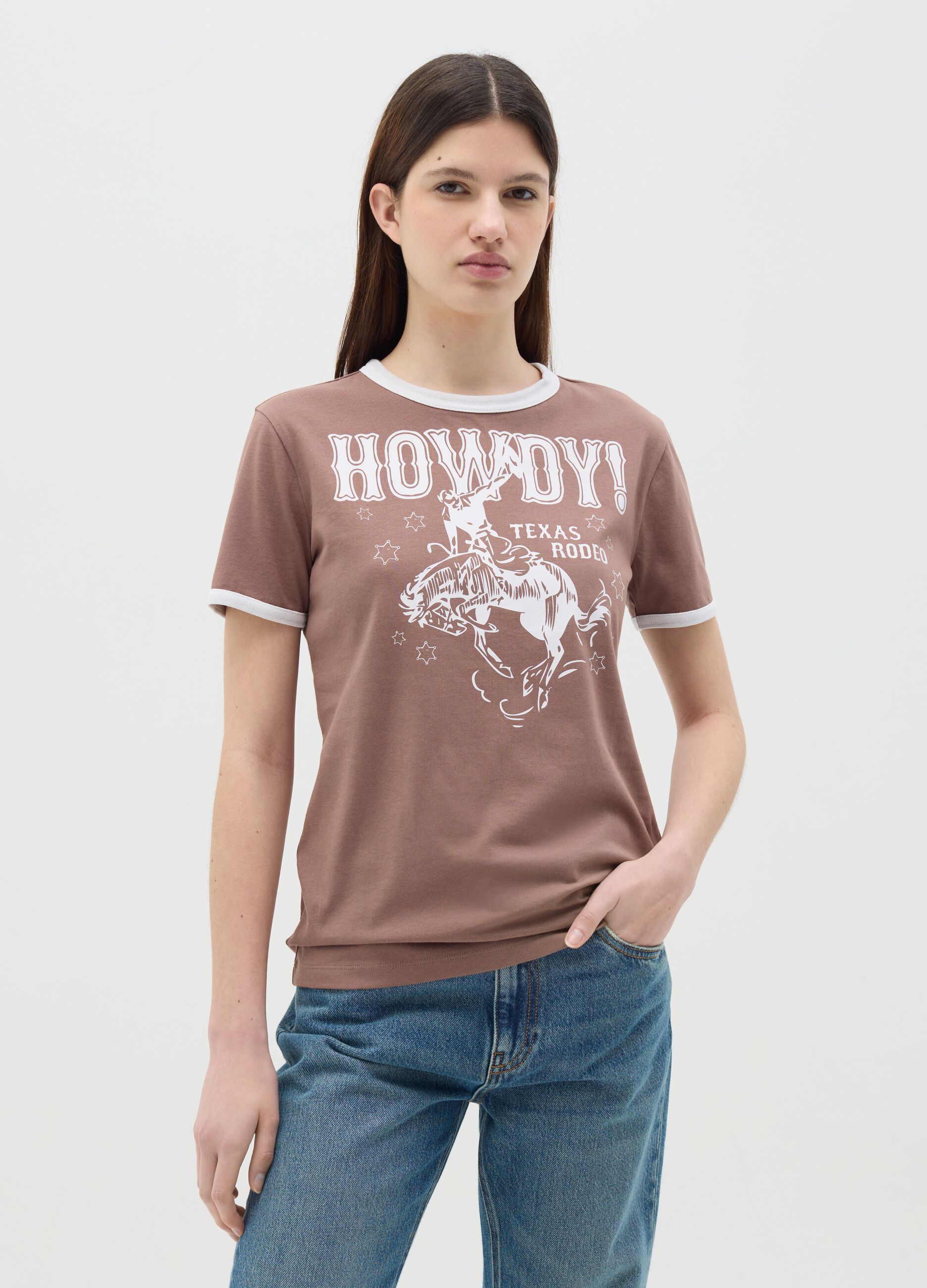Brown T-shirt in cotton with Texas Rodeo motif print