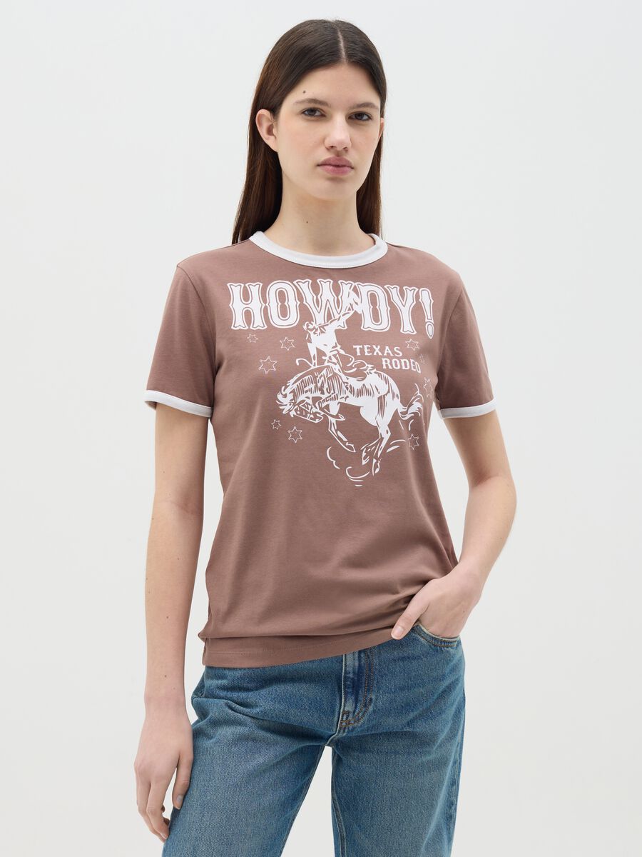 Brown T-shirt in cotton with Texas Rodeo motif print_0