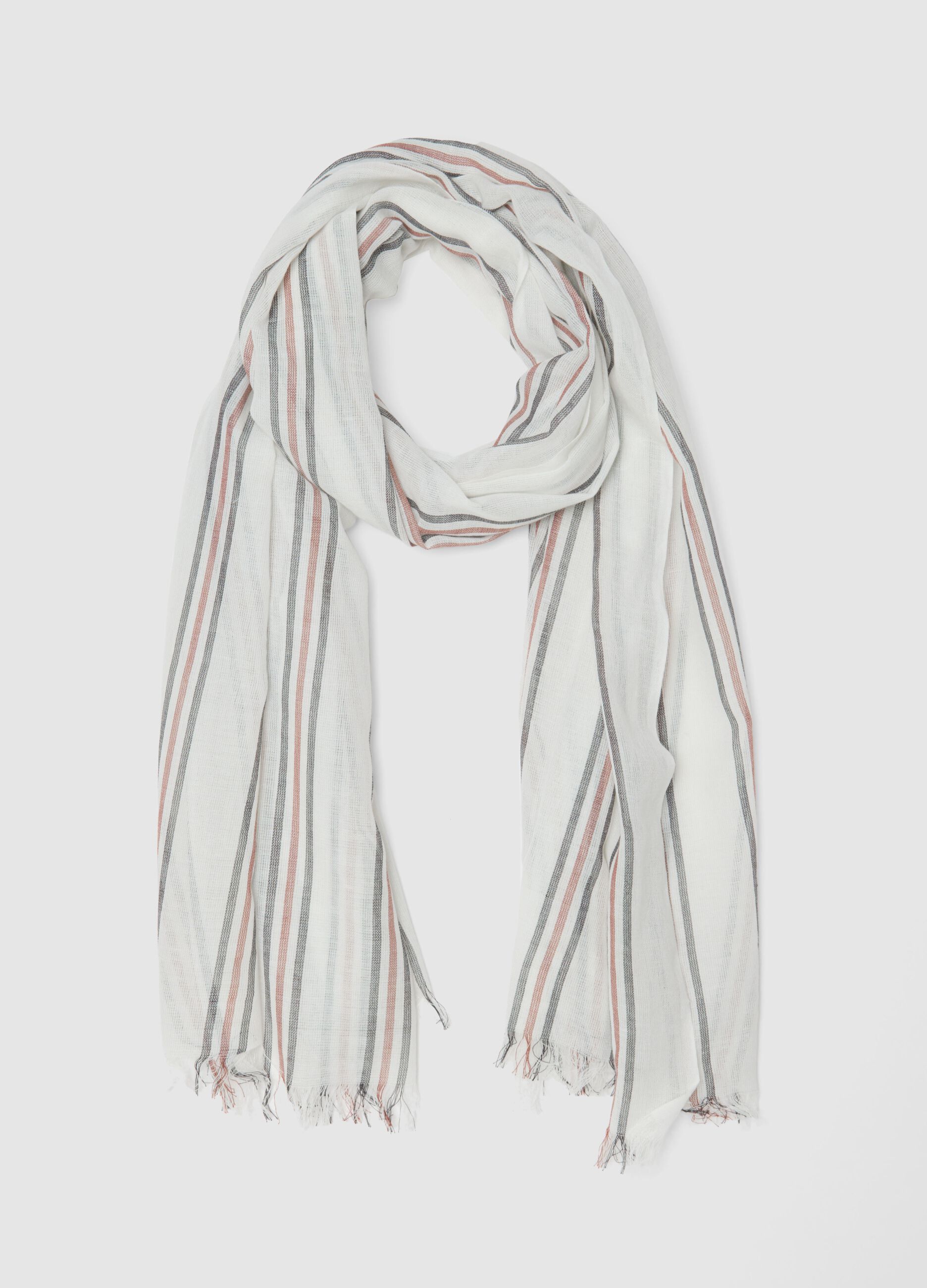 White pure cotton scarf with multicolour stripes