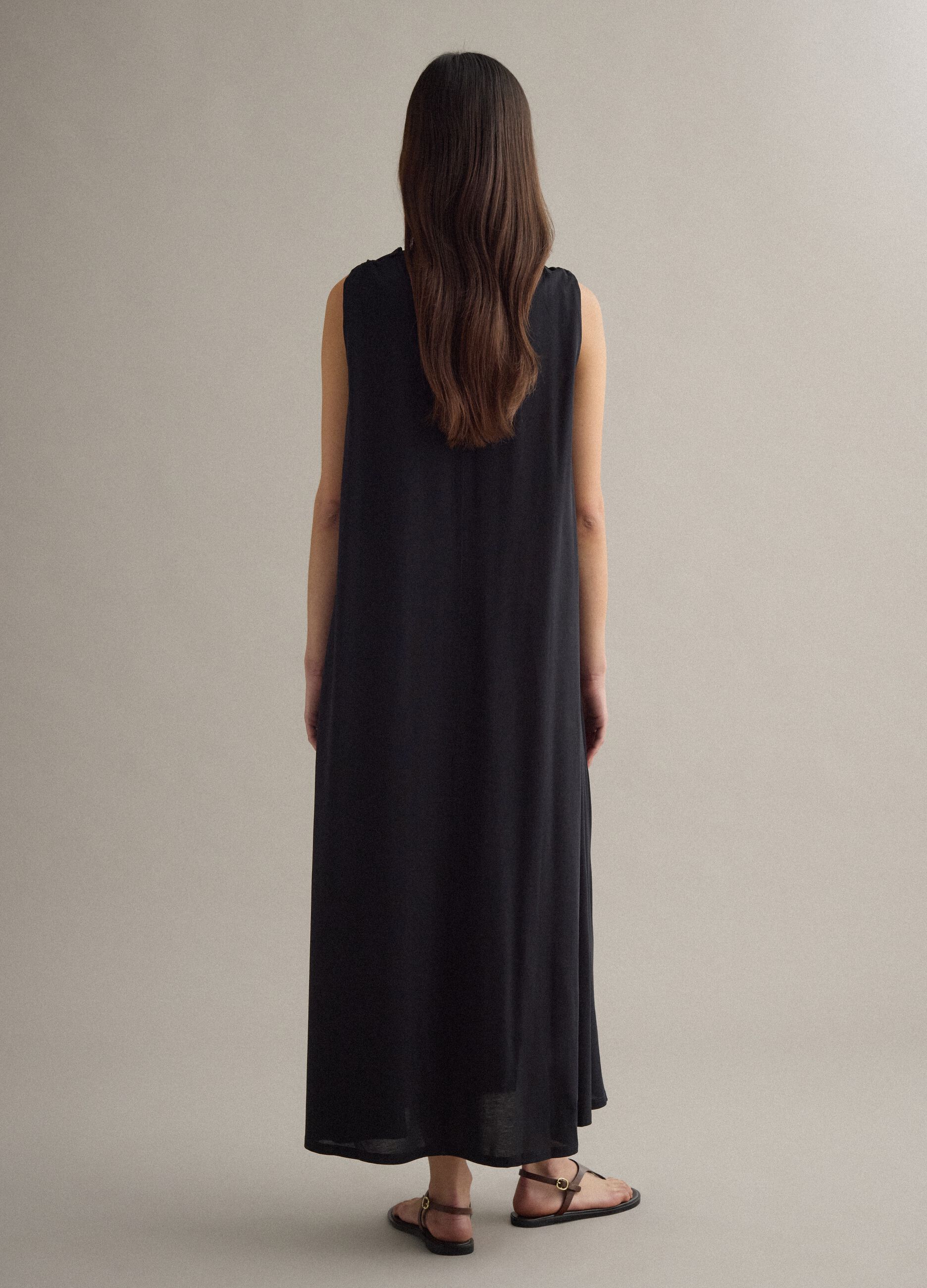 Long black cotton-blend dress, regular fit