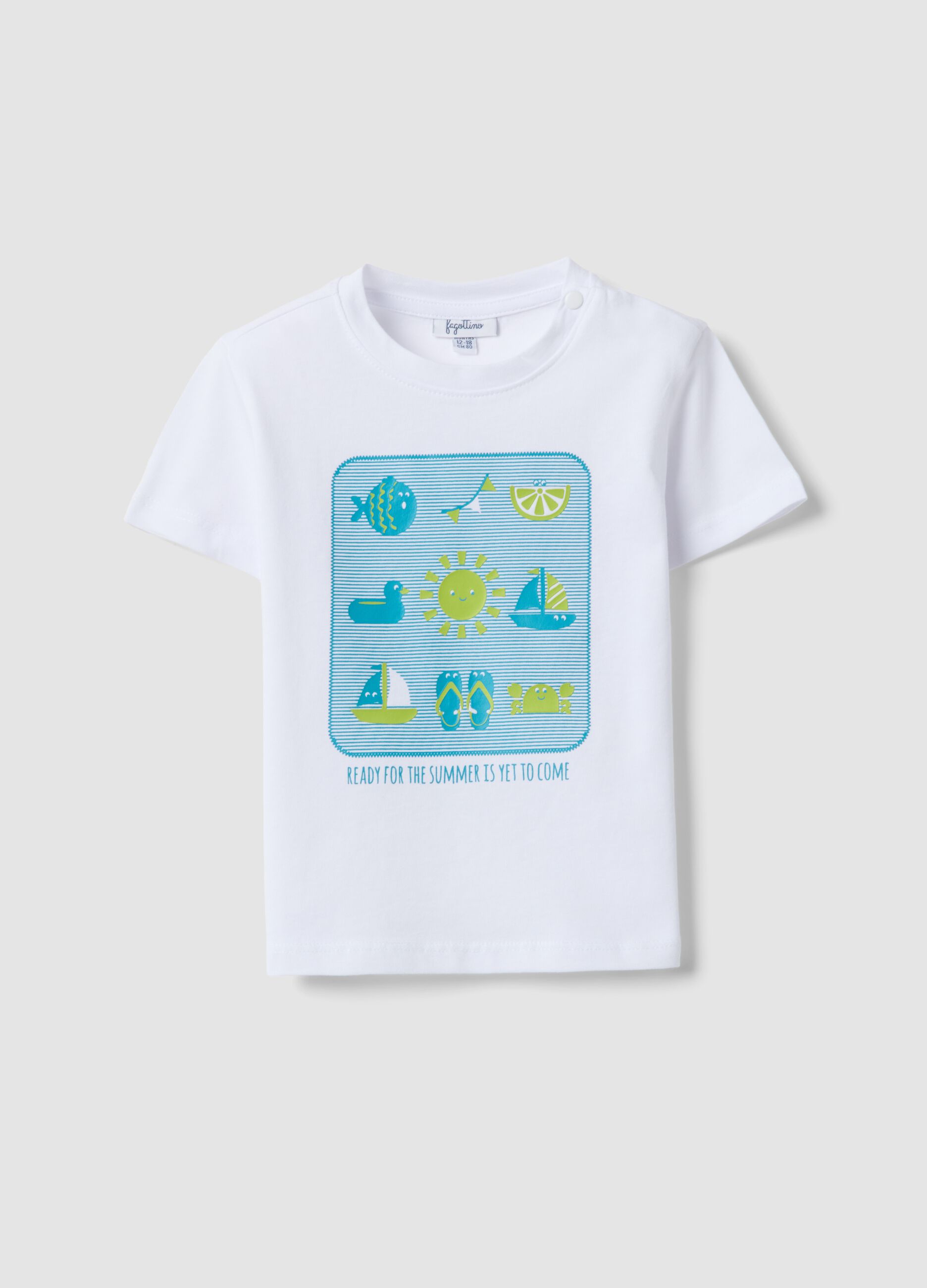 White pure cotton boys&rsquo; T-shirt, regular fit, with nautical print