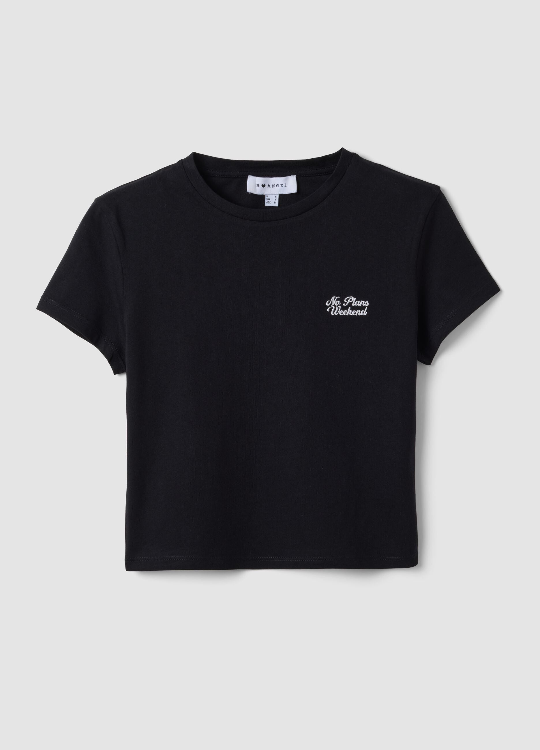 Black pure cotton cropped T-shirt with crew neck and print