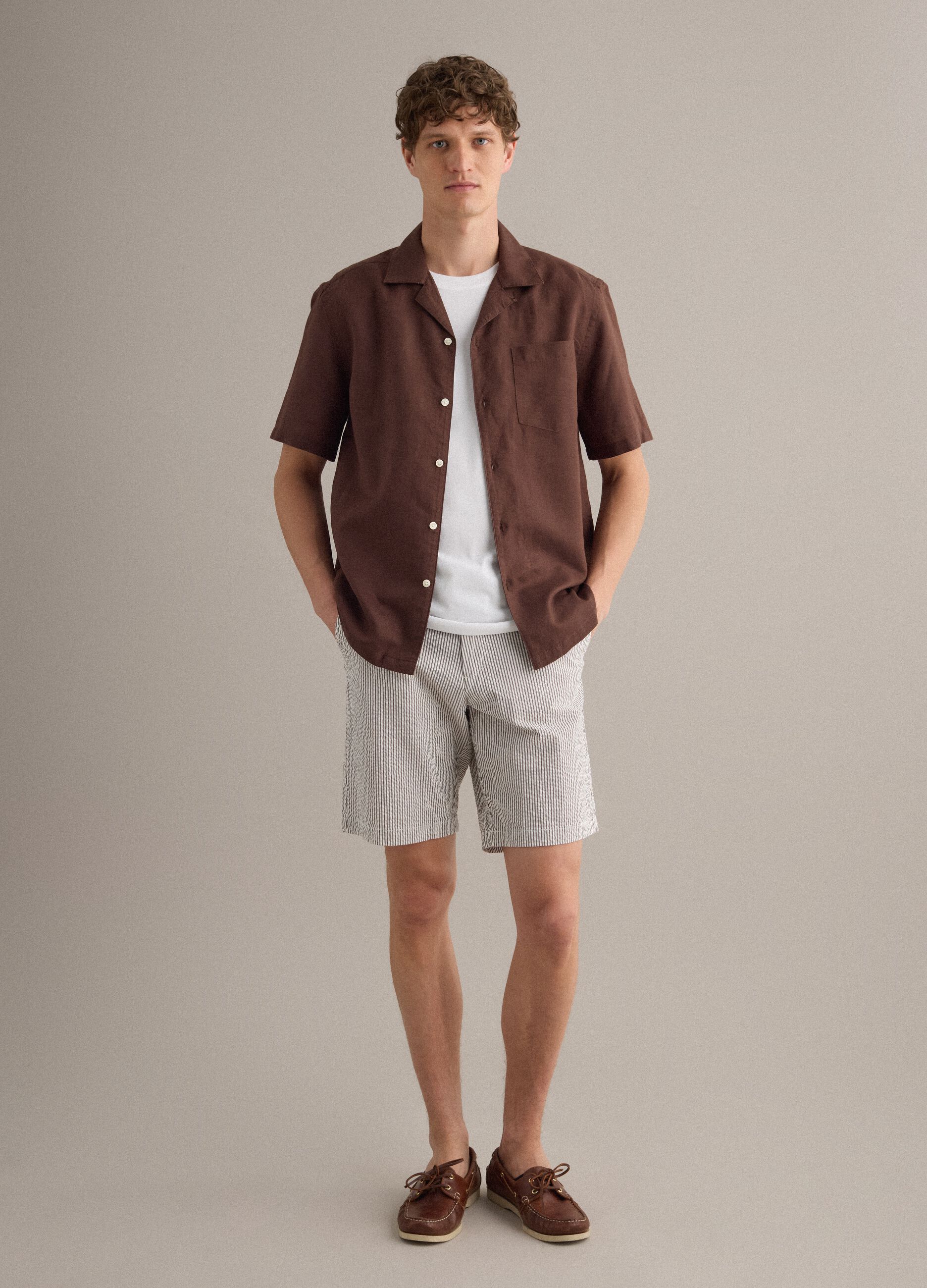 Brown linen-blend bowling-collar shirt